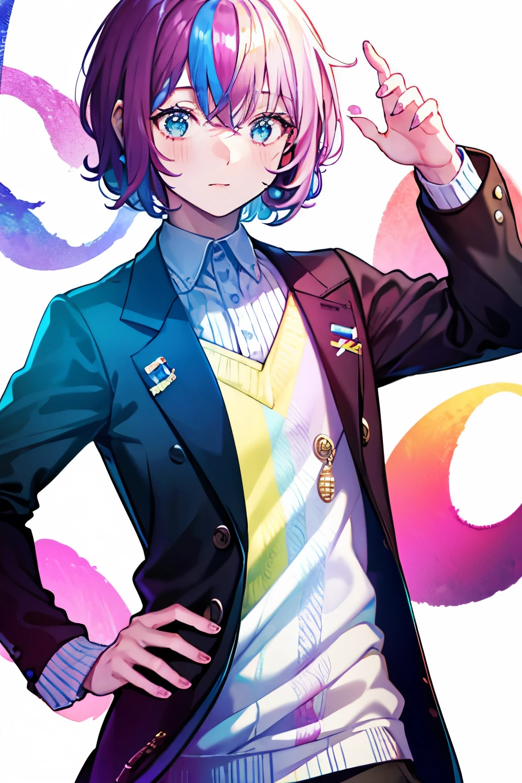 Natural curls　mash　Rainbow hair color　male　1 person　Stylish clothing