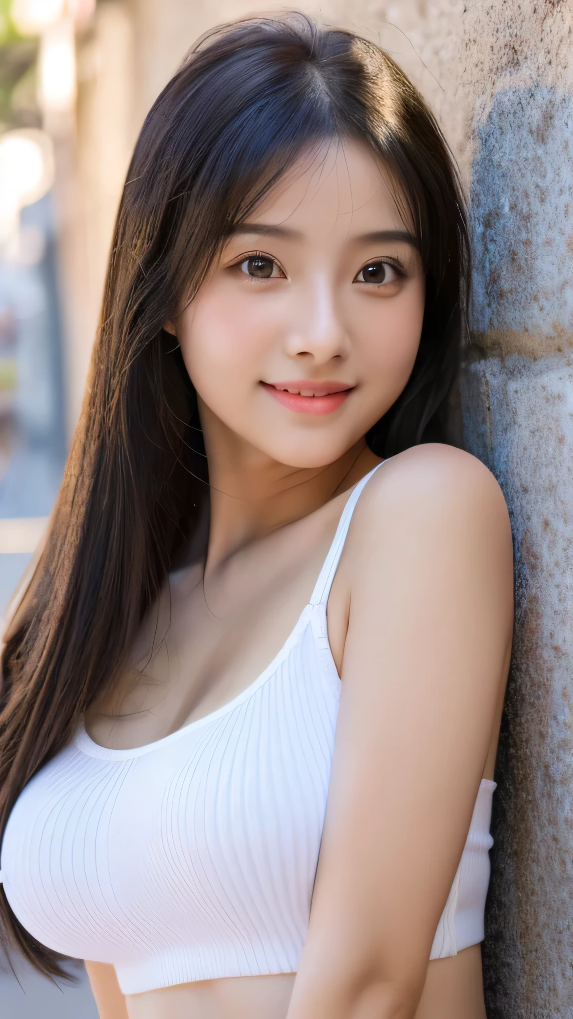 highest quality,Very detailed,masterpiece,Realistic,Photorealistic,Bright lighting,One Girl, (cute:1.2),smile,(Medium-sized eyes:1.5)(unaided eye:1.5)(Black-haired),(Long Hair),perfect glowing skin,Perfect Skin,light makeup,((Precise needles without discomfort)),D cup breasts and a slim waist,25-year-old woman,Baby Face,Outdoor,wood々,Natural light、Tank top、Underboob