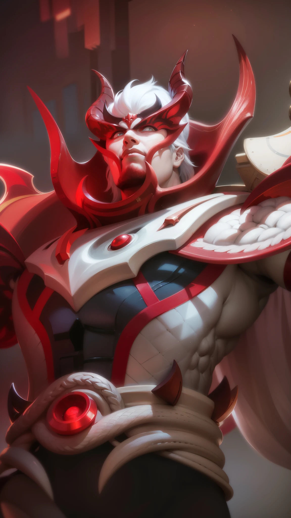 a close up of a man with a red and white costume on, onmyoji portrait, dota 2 concept art, painted portrait of mordekaiser, onmyoji detailed art, inspired by Huang Shen, dota character, dota 2 hero, hero from dota 2, onmyoji, 8k hd wallpaperjpeg artifact, 8 k hd wallpaperjpeg artifact, Best quality, masterpiece, detailed skin texture, detailed clothes texture, detailed face, super detail, 8k, intricate detail, 1 boy, The color doesn't change, Muscle guy, 1 guy, red eyes, looking aways.