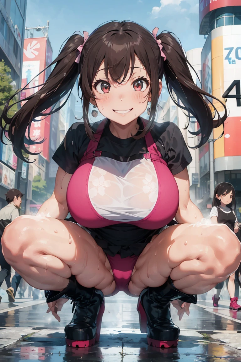 (from below:1.4), (squatting, spread legs, arms behind head:1), (sweat:1.8), dynamic angle,
gigantic breasts, gigantic thighs, (high resolution, Best Quality:1.2), (40yo:1.8), (smile:1.8), looking straight, Anime style illustration of a housewife with gigantic breast, with brown hair in twin tails tied with pink ribbons, wearing a metallic bikini, and platform boots. She has large earrings and multiple bracelets, sparkling in the sunlight. Her expression is more distinctly cute and slightly emotional. The background is the busy Shibuya Scramble Crossing during a sunny day, with active people and colorful advertising boards, conveying urban vigor and energy.