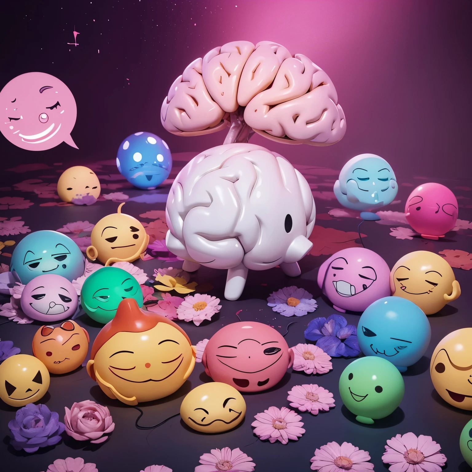 Can you create me a picture of a brain, involved in psychology but make it cute more like an emoji, DONT ADD HUMANS, i want more like  character cartoon and also with this pallet of colours: EDF67D
F896D8
CA7DG9
724CF9
564592