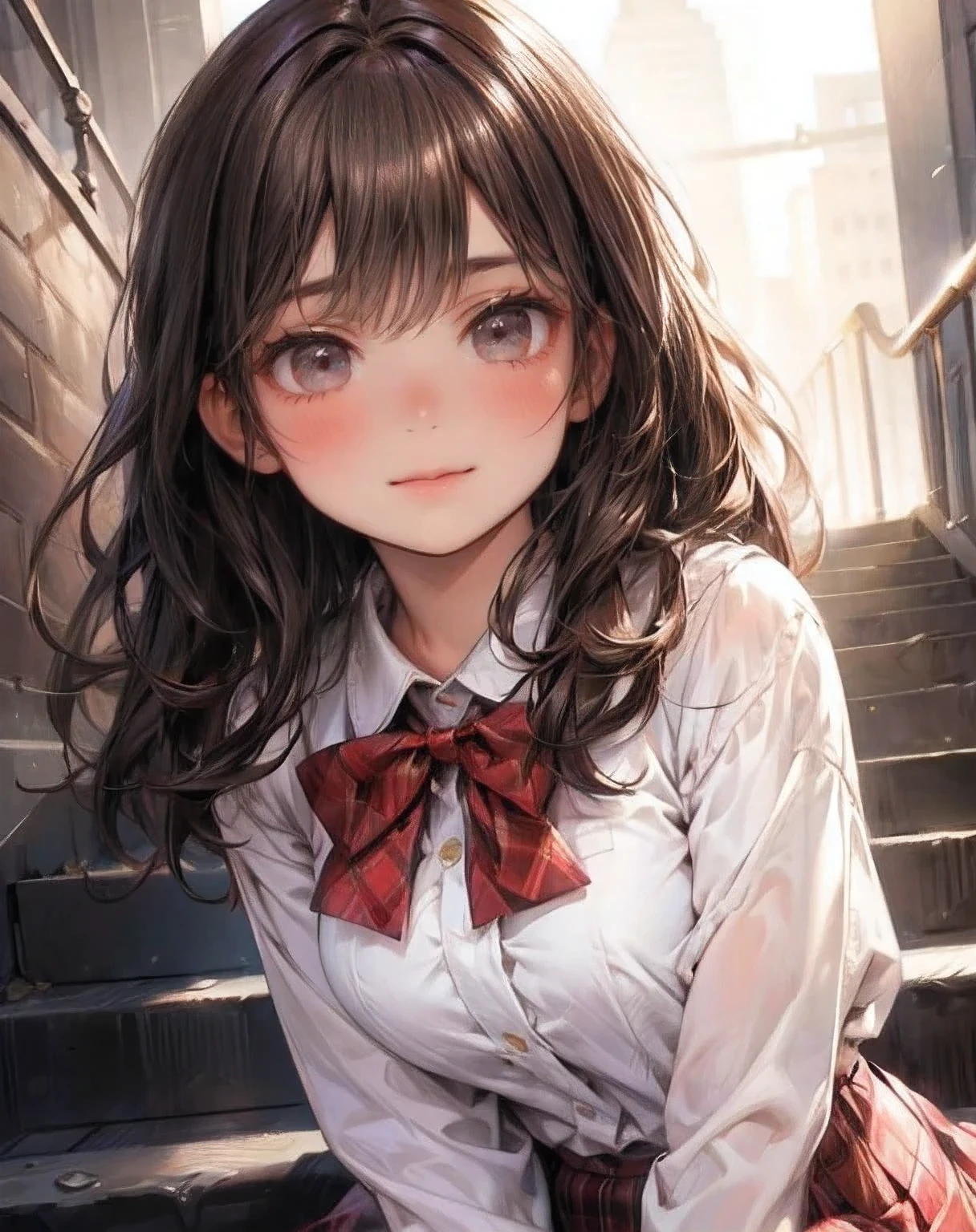 (best quality, highres, masterpiece: 1.2,8k), ultra-detailed, (realistic, photorealistic, photo-realistic), cute school girl in, Beautie, gentle  smile, full body seen, ((Middle Wave Hair, Bangs, Brown hair)), ((brown-eyed, beautiful long eyebrows, Realistic eyes)), (Detailed face, Blushing)), ((Smooth texture: 0.75, Realistic texture: 0.65)), Dynamic Angle, Perfect body, (red bowtie, white shirt, plaid skirt)), City staircase, looking up from the bottom of the stairs, very annoying panic smile, sparkling eyes, delicate pupils, shining lips, Beautiful and delicate (hair, eyes, lips, cute face)