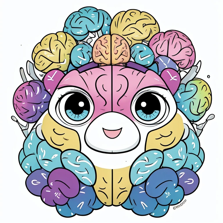 Can you create me a picture of a brain, involved in psychology but make it cute more like an emoji, DONT ADD HUMANS, i want more like  character cartoon and also with this pallet of colours: EDF67D
F896D8
CA7DG9
724CF9
564592