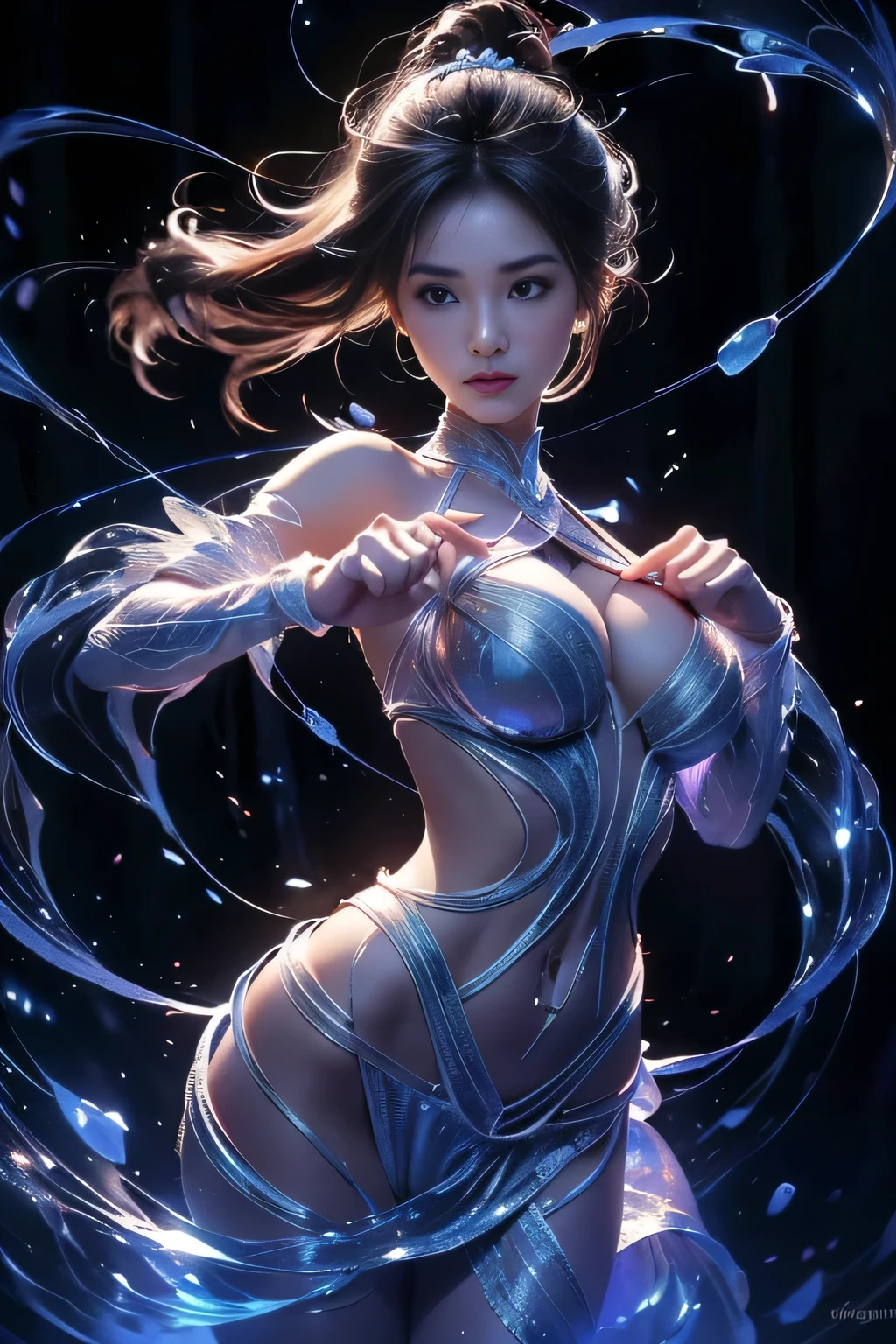 RAW Photo, Best Quality), (Real, Photorealistic: 1.3), Sharp Focus, Best Quality, Masterpiece, Beautiful, Beautiful, (Accurate Anatomy Body and Hand), (4 Fingers and 1 Thumb Relationship with: 1.5), (Beautiful hands and fingers: 1.5), (5 fingers: 1.5),
1girl, Ryujin's daughter, cowboy shot, (voluptuous, sexy, erotic), very long curly black hair, (revealing see-through kimono), (no bra), beautiful Asian model with shoulders and cleavage visible , pale skin, perfect makeup, juicy lips, even brown eyes, long eyelashes, beautiful face, detailed face, perfect proportions, huge breasts, thin waist, navel, crotch gap, thighs, dynamic pose, (random pose, dynamic angle), hourglass body, fantasy art, conceptual art, surrealism,
A dark forest even during the day, a large waterfall, a dark forest even during the day, mysterious, tangled, fractal art, swirling spirits, spooky, hyperrealism, perfect light like a voluminous movie, mysterious,
