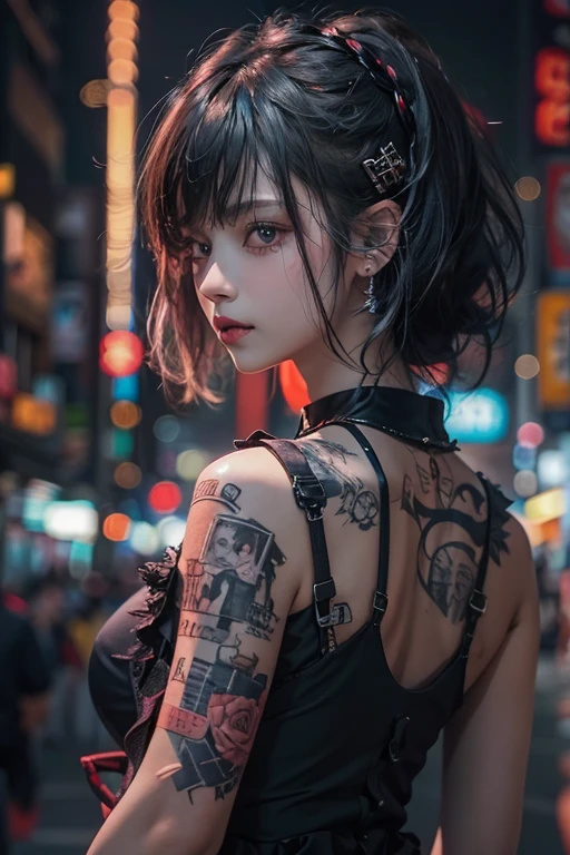top-quality、8K、masterpiece:1.3、Gothic punk、Red inner color、A grey dark-haired、hair adornments、a beauty girl、creative、punk shirt、Neogos、Goth Fashion:1.2、high resolution、masterpiece、top-quality、headw:1.3、((Hasselblad photo))、Fine-grained skin、Sharp Focus、(lighting like a movie)、walking Tokyo night under the neon the back, forehead open, 17 years old、Brush your hair back、Shoulder Bare、Red choker necklace