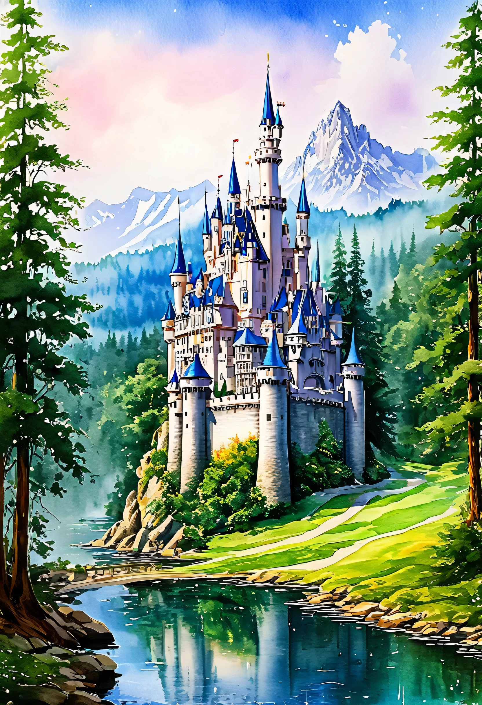Masterpiece fairy tale castle in the forest, best quality, (beautiful view: 1.1), (realistic: 1.5), fire magic: 1.3), water color