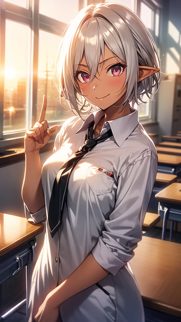 An elf woman, very black and tanned skin, beautiful silver hair, pointed ears, beautiful red eyes, high , school classroom, whiteboard, window, evening, sunset, upper body description, dear smile , open lips, close-up, 8K, wave hand, five fingers,