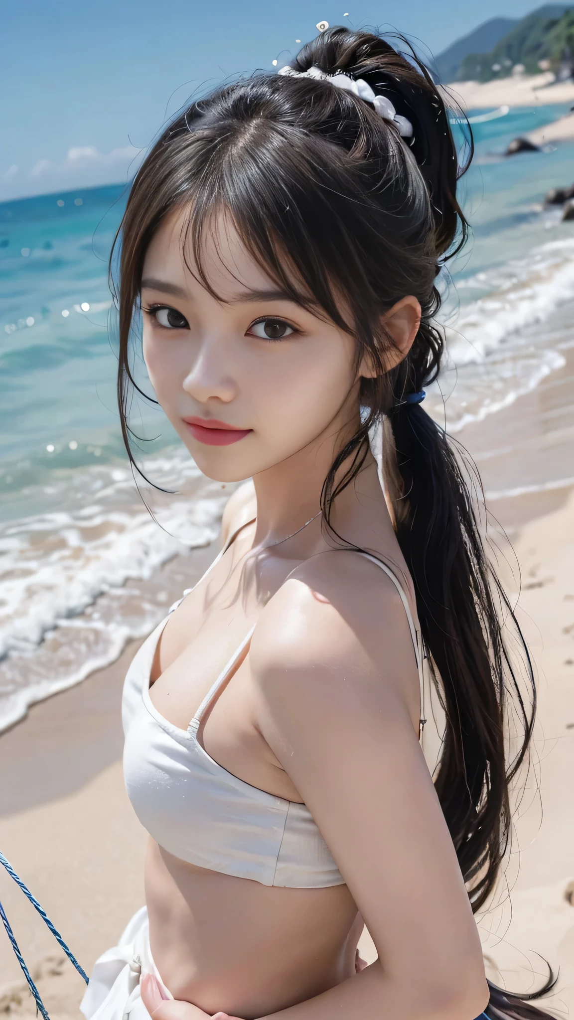 Beach,resort,white bikini,Close up face,One woman,masutepiece, The highest image quality, High quality, the background is clear,Beautiful woman, Japanese, Detailed, Detailed eyes, Detailed skin, Beautiful skin, 超hight resolution, (reality: 1.4),Very beautiful woman, Slightly younger face, Beautiful skin, slender, (Ultra photo realsisim), (hight resolution), (8K), (Very detailed) (beautifully detailed eyes), (super detailed), (Detailed face), view the viewer, Fine details, Detailed face, Staring straight ahead, Staring straight ahead, photos realistic, Bright lighting, Professional Lighting, Black hair,poneyTail,a baby face,fifteen years old,Hairstyle: ponytail,Long ponytail hairstyle,slight smile,neat and tidy clothing,Beautiful Japanese KPOP idol photo, hair style is ponytail, my eyes are double and wide, baby face, smile and look straight ahead, slender, small breasts,Close up face,