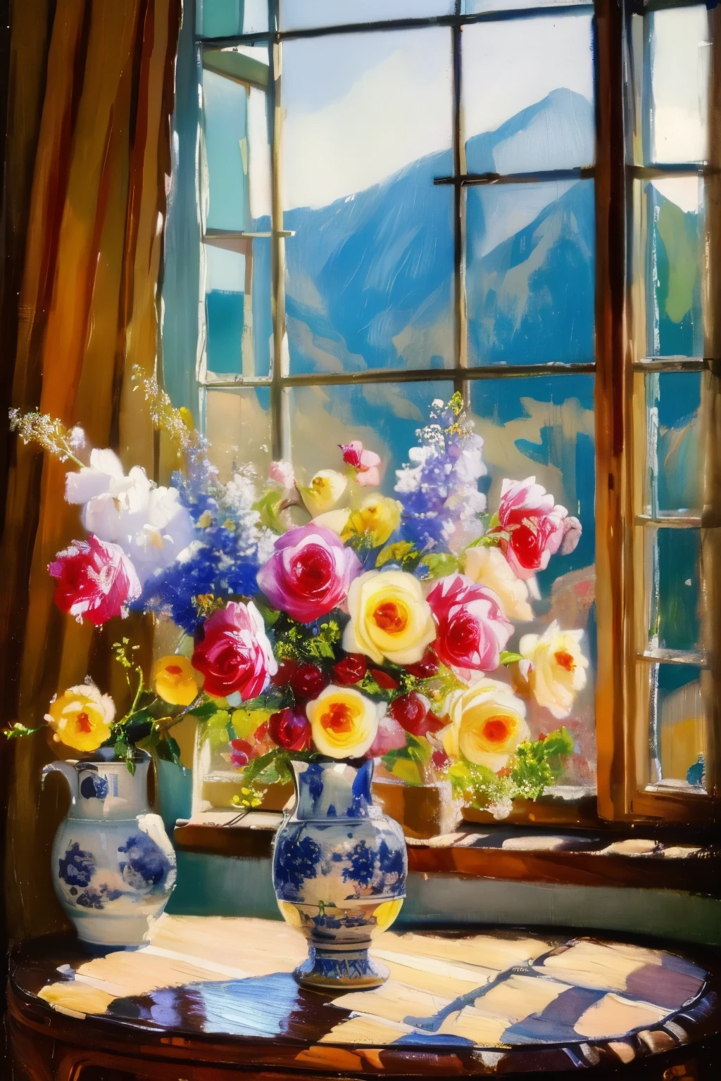 Best quality,masterpiece,ultra high res,(photorealistic:1.4),4k,finely detailed,
youhua, window, no humans, flower, indoors, still life, pink flower, rose, traditional media, vase, plant, scenery, bouquet, red flower, painting , yellow flower, curtains, blue flower, pink rose, day,(oil painting:1.3),