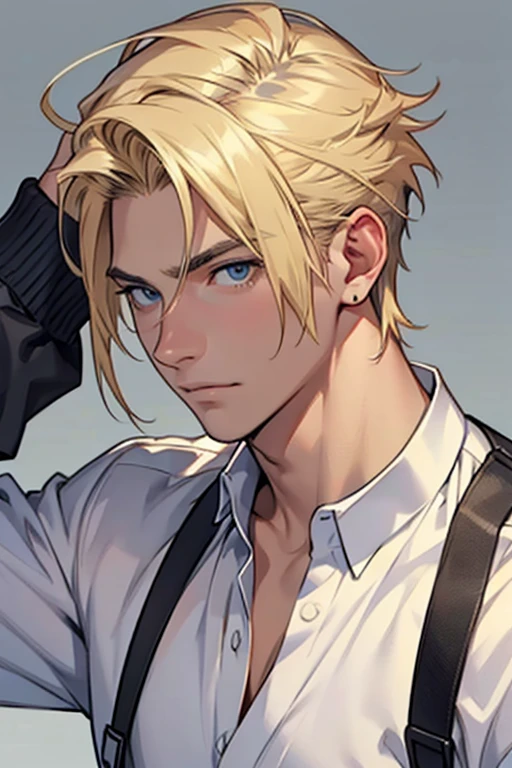 Please draw a bust-up of a fresh-looking blonde man in his 20s.。I want the background to be pure white