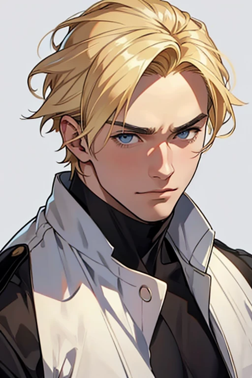 Please draw a bust-up of a fresh-looking blonde man in his 20s.。I want the background to be pure white