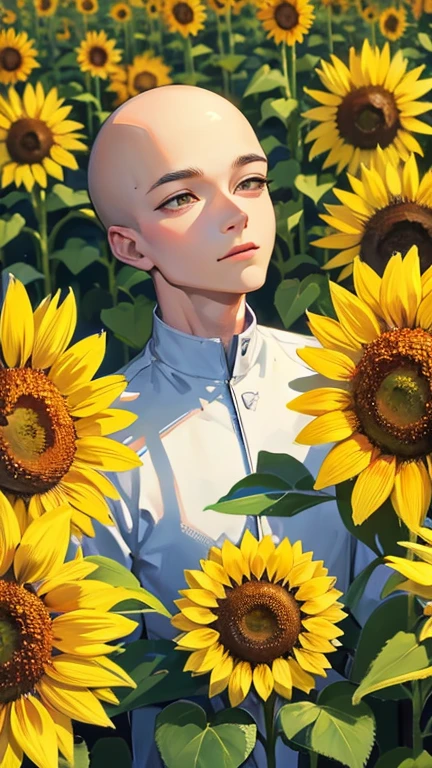 Close up bald male in garden full of sunflower