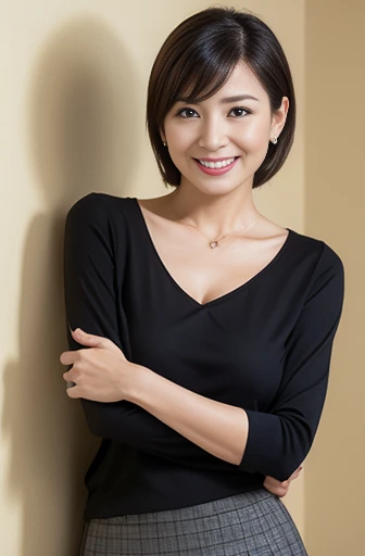 Masseter Film, highest quality, masterpiece, High resolution, realism, Original photo, 8k wallpaper, perfection, Professional Lighting, Very detailed, Written boundary depth, ((Beautiful woman)), ((Sexy 40 year old women)),, ((smile)), Detailed face, Beautiful Eyes,, bangs, She has big breasts and a nice figure, (sexy look), ponytail, (Thick lips), Raise your arms,Full body photo,Skirt flip