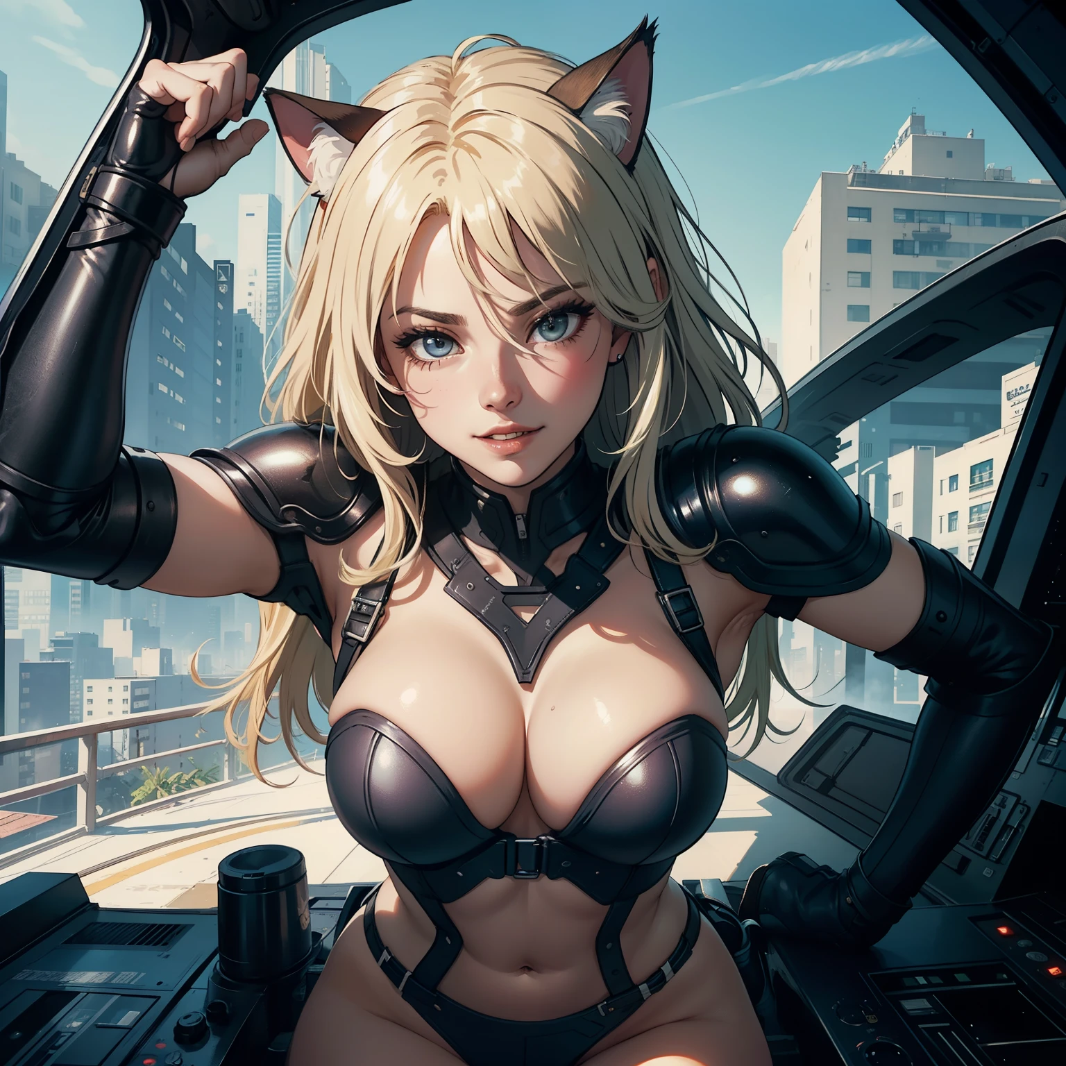 ((highest quality)), ((masterpiece)), (be familiar with), (High definition), 8K, Perfect Face、2Women、Two blonde women with cat ears、((モビルスーツの2cockpitのコックピットでスタンバイ中))、Fearless smile、tall、2 Blonde cat ears、2. Long Hair、2. Volumetric hair style、Large Breasts、Narrow waist、Big Ass、glamorous、Alluring、protector、Armor、combat suit、Combat Boots、Armament、Cinematic、Best Shadow、Side lighting、NEO TOKYO、((cockpit))、(Close-up of face)