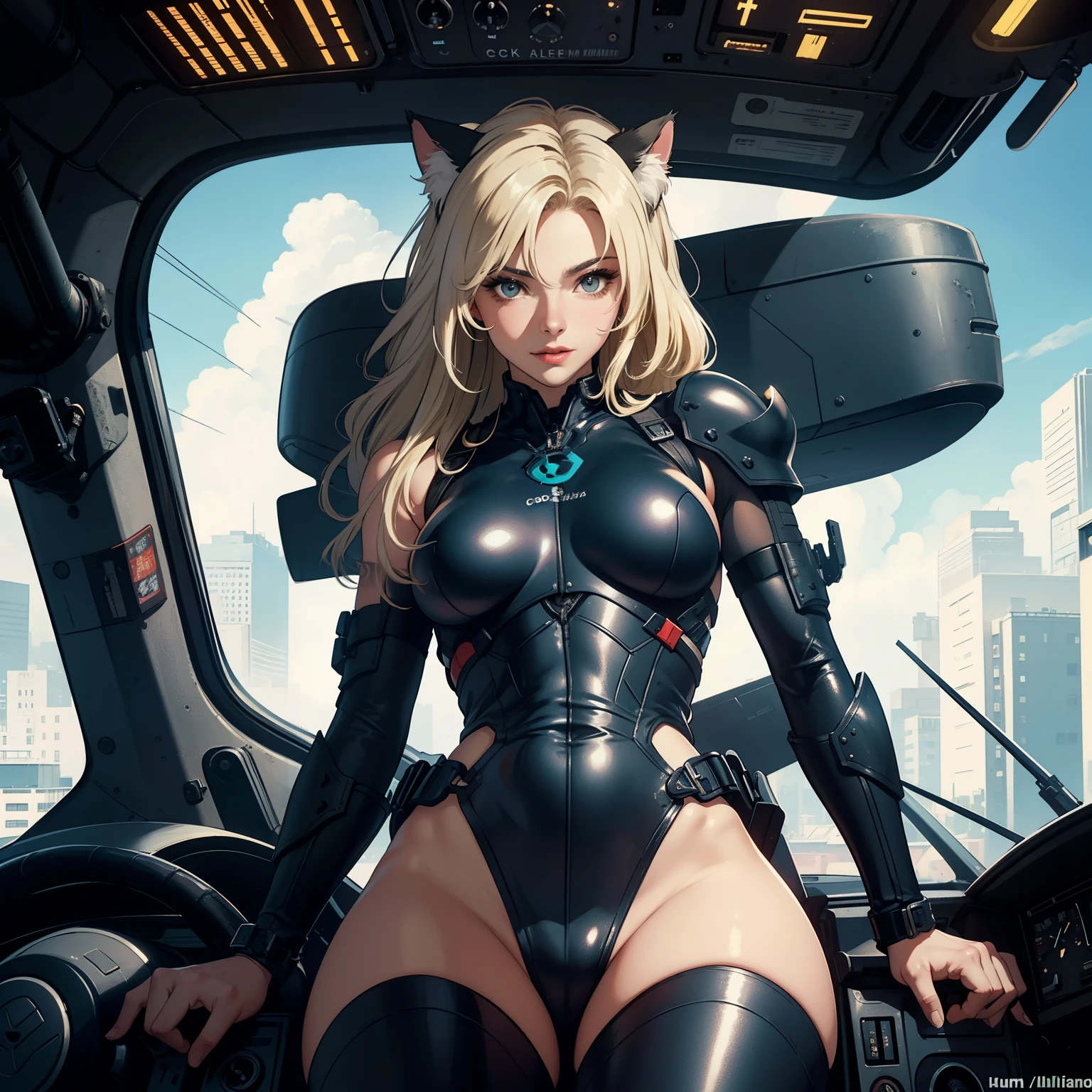 ((highest quality)), ((masterpiece)), (be familiar with), (High definition), 8K, Perfect Face、2Women、Two blonde women with cat ears、((モビルスーツの2cockpitのコックピットでスタンバイ中))、Fearless smile、tall、2 Blonde cat ears、2. Long Hair、2. Volumetric hair style、Large Breasts、Narrow waist、Big Ass、glamorous、Alluring、protector、Armor、combat suit、Combat Boots、Armament、Cinematic、Best Shadow、Side lighting、NEO TOKYO、((cockpit))、(Close-up of face)