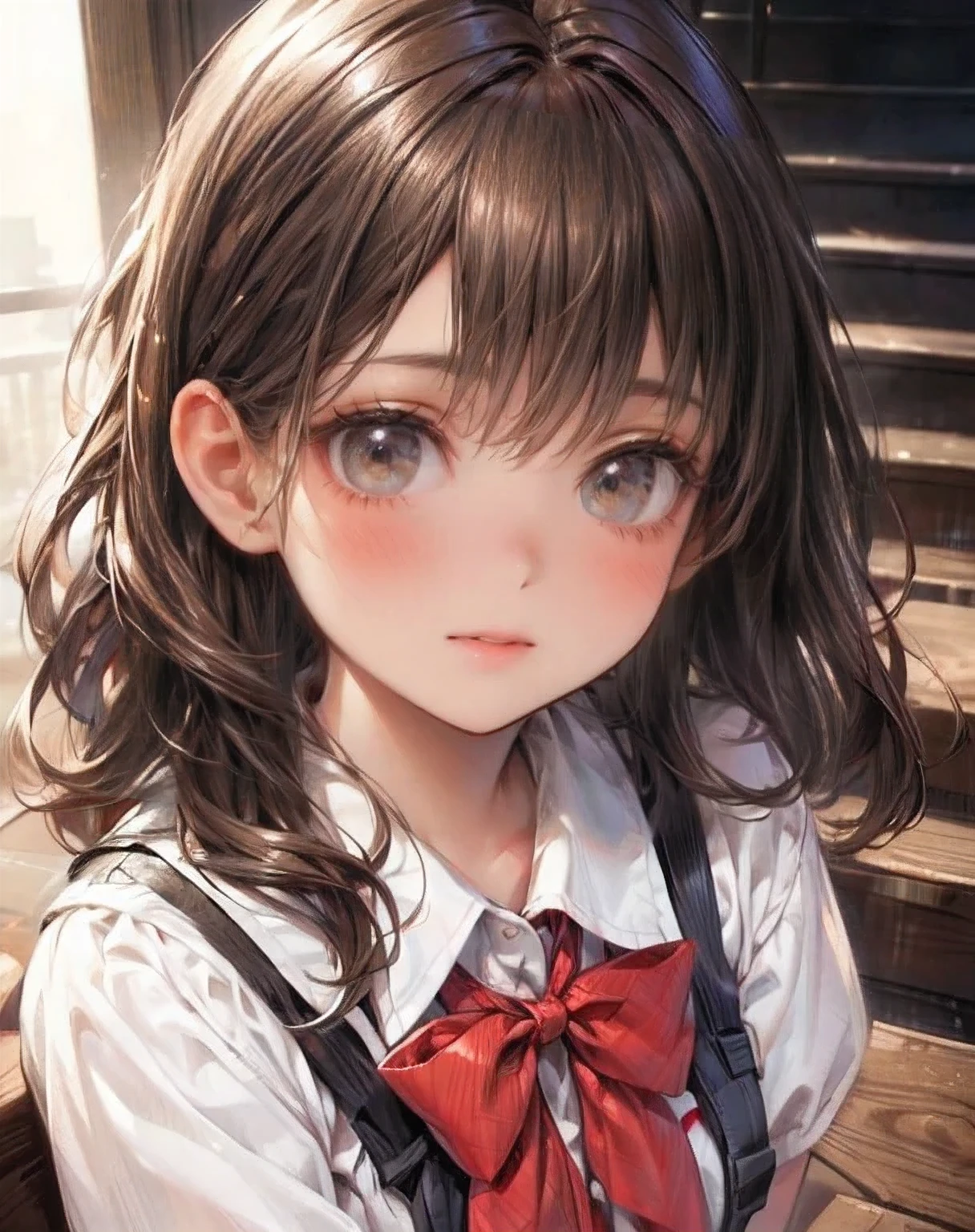 (best quality, highres, masterpiece: 1.2,8k), ultra-detailed, (realistic, photorealistic, photo-realistic), cute school girl in, Beautie, gentle  smile, full body seen, ((Middle Wave Hair, Bangs, Brown hair)), ((brown-eyed, beautiful long eyebrows, Realistic eyes)), (Detailed face, Blushing)), ((Smooth texture: 0.75, Realistic texture: 0.65)), Dynamic Angle, Perfect body, (red bowtie, white shirt, plaid skirt)), City staircase, looking up from the bottom of the stairs, very annoying panic smile, sparkling eyes, delicate pupils, shining lips, Beautiful and delicate (hair, eyes, lips, cute face)