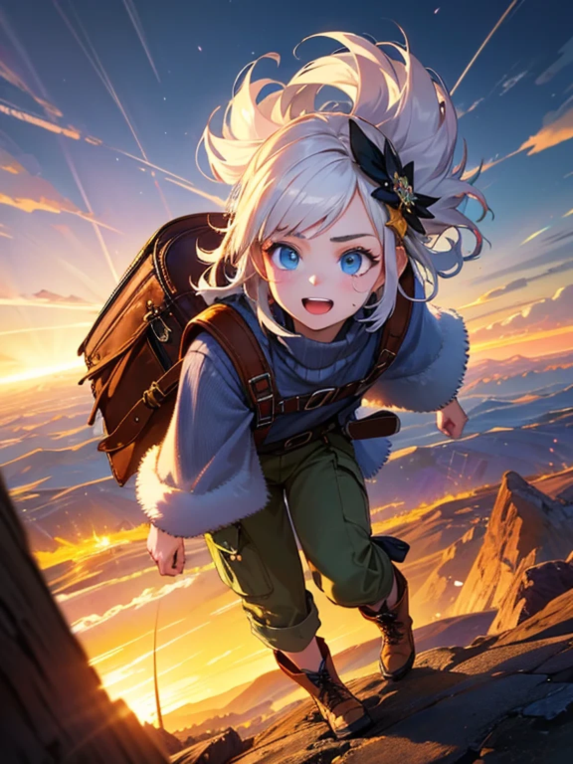 (1girl, solo:1.7), (chuckle:1.5), (beautiful detailed blue eyes:1.3), (hair ornament:1.3), (white hair:1.5),
(Beautiful eyebrows), Separated eyebrows, (shiny eyes, shiny hair:1.3), no makeup, short hair ,cute hair,
BREAK
(A suede poncho over a thermal turtleneck, corduroy pants, hiking boots, a wool fedora, and leather backpack with topographic designs.:1.3),
BREAK
A seated figure with one leg crossed over the other, leaning forward with elbows on knees,
BREAK
A wide angle shot capturing a vast landscape from above,
BREAK
(photo realistic:1.7), (masterpiece, top quality, best quality:1.4), (ultra detailed, absolutely resolution),
((16k, highres:1.5)), (reflect) (intense forward light, strong forward light:1.5), (high quality, cinematic, hyper
realistic:1.5),
BREAK
(best impact:1.4), (Maximalism:1.6), (vivid contrast), (Ultra-luxurious light:1.2), (diffuse reflection:1.3), (high
speed shutter, motion blur), (HDR, unity 16k wallpaper, extremely detailed CG, ultra highres, UHD, /1080P, HD, 4K, 8K:1.5),