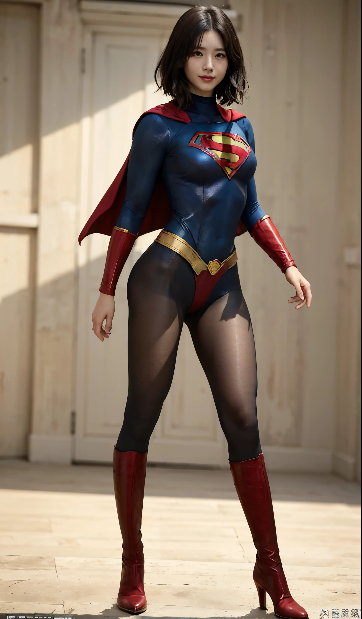 No background、(((Beautiful legs in black tights.)))、(((Legally express the beauty of your smile)))、((((Make the most of your original images)))、(((Supergirl Costume)))、(((Short beautiful hair)))、(((suffering)))、(((Please wear black tights....、Wear red boots)))、((Best image quality、8K))、((highest quality、8K、masterpiece:1.3))、(((Preserve background )))、Sharp focus:1.2、Beautiful woman with perfect figure:1.4、Thin abdominal muscles:1.2、Wet body:1.5、Highly detailed face and skin texture、8K