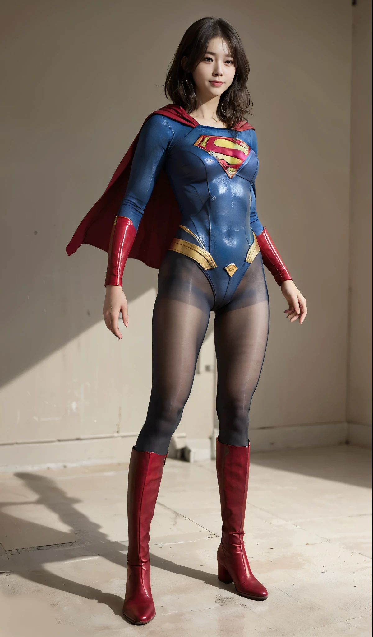 No background、(((Beautiful legs in black tights.)))、(((Legally express the beauty of your smile)))、((((Make the most of your original images)))、(((Supergirl Costume)))、(((Short beautiful hair)))、(((suffering)))、(((Please wear black tights....、Wear red boots)))、((Best image quality、8K))、((highest quality、8K、masterpiece:1.3))、(((Preserve background )))、Sharp focus:1.2、Beautiful woman with perfect figure:1.4、Thin abdominal muscles:1.2、Wet body:1.5、Highly detailed face and skin texture、8K