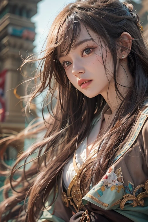 (RAW photo, best quality), (realistic, photo-realistic:1.3),best quality,highly detailed,masterpiece,ultra-detailed,illustration,1girl,upper_body,dynamic angle,world masterpiece theater,messy_long_hair,best quality,extremely detailed CG unity 8k wallpaper,ink,Amazing,cinematic lighting,lens_flare, dunhuang_style