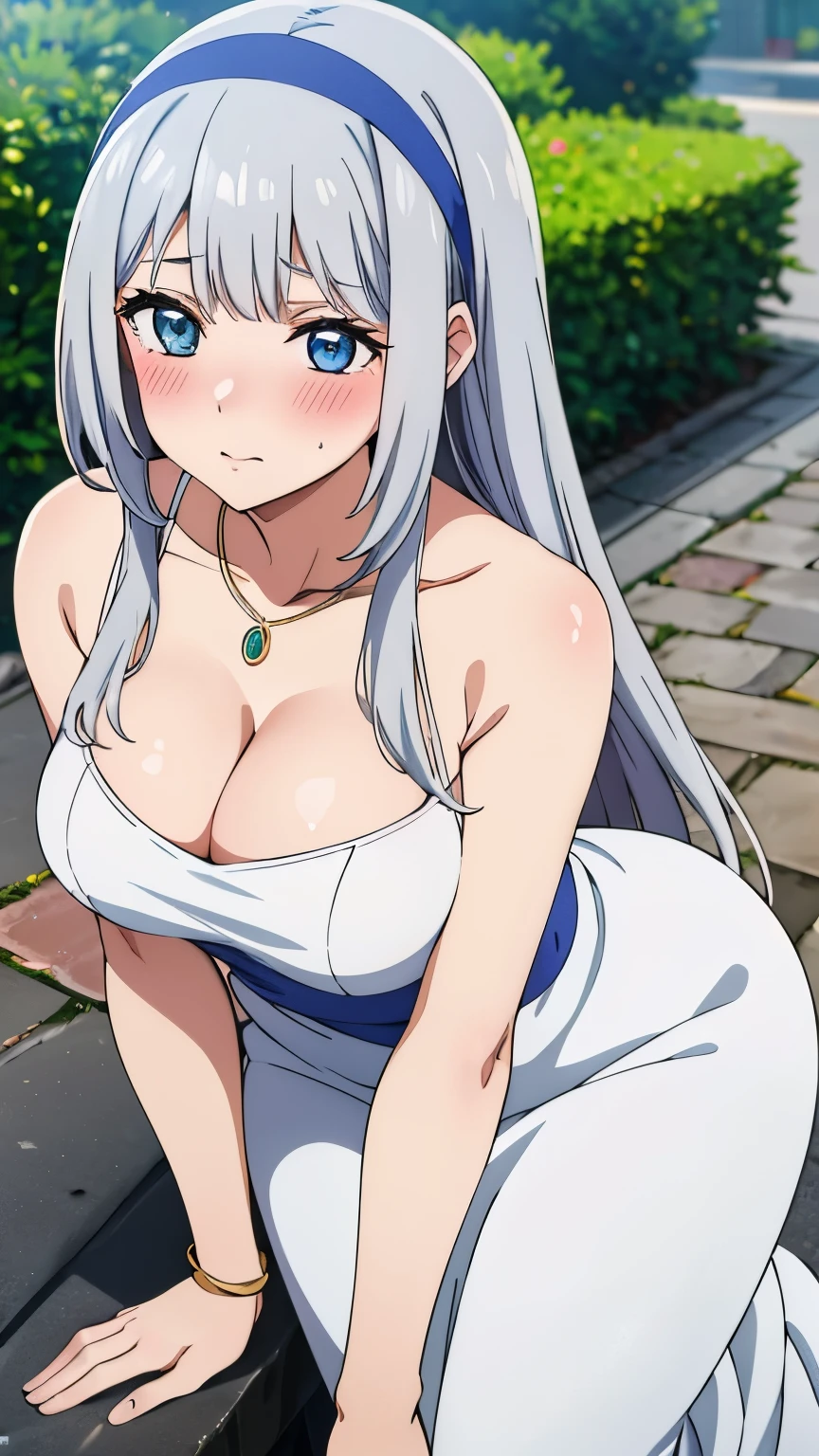 highest quality (8k, High resolution, masterpiece: 1.2), Very detailed, Anime art style, Dynamic Angle,Mylene HFV4, Anime Coloring,  One girl, alone,Silver Hair, Cleavage, jewelry, hair band, blue hair band,Very long hair, (dress, blush, necklace, white dress,  Outdoor),