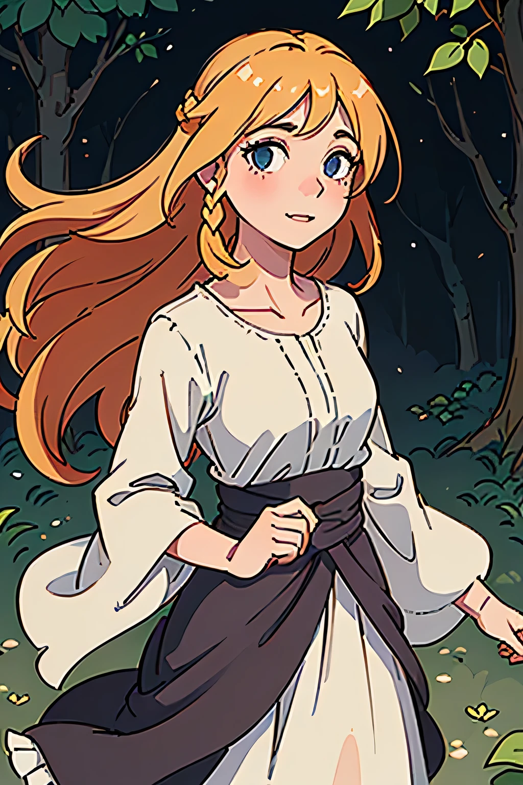 (long orange-haired girl with braids at the end, blue eyes, wearing a long black skirt with simple patterns, a green bow at the waist, and a white t-shirt)
(best quality, ultra-detailed, realistic:1.37), vibrant colors, sunlight filtering through the trees, soft shadows, crisp details, professionally rendered, long oranges and yellows hues, warm and inviting atmosphere, delicate brushwork, glowing highlights, high contrast, cinematic lighting, ethereal and dreamlike effect, intricate textures, intricate braids, flowing hair, intricate patterns on the skirt, drapey fabric, folds and creases, flowing movement, slight breeze rustling the leaves, serene expression, gentle smile, natural beauty, slight blush on the cheeks, sparkling eyes, captivating gaze, golden hair strands catching the light, intricate facial features, delicate eyelashes, rosy lips, flawless skin, radiant complexion, verdant garden setting, blooming flowers, lush foliage, tall trees, magical ambiance, dappled sunlight, peaceful and tranquil, birds chirping in the background, enchanting atmosphere, whimsical elements, subtle hints of fantasy, imaginative and captivating scenery, enchanting interpretation of nature, painterly style, soft brushstrokes, rich texture, harmonious composition, focal point on the girl's face, balanced color palette, contrasting elements, captivating storytelling.