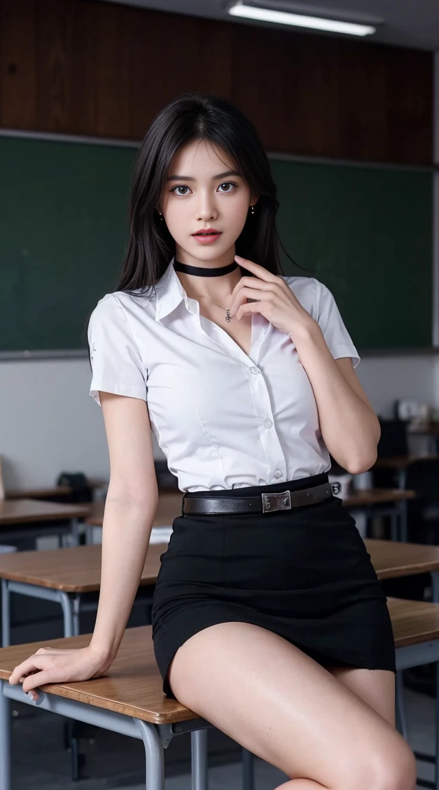 (Masterpiece, best quality, alone, รายละเอียดที่complicated, Chromatic aberration), realistic, ((Moderate breath)), hair on one eye,purple eyes, earring, sharp eyes, choker, (symmetrical eyes),(Perfect symmetrical body),Photo of a beautiful 22 year old girl, Beautiful and charming with contemporary fashion paintings as well..., looking at the audience, ((in the classroom background)), (1 Teen Girl),(black short skirt), (Fitted white short sleeve shirt, Unbuttoning reveals.), ((Short black pencil skirt with side slit)), belt, ((Put your hands down.)),copper blonde hair, bob, round chin, Art lens 85mm, Sharp focus, High resolution 8K, Crazy details, complicated, elegant,sitting on the study table Lift one leg to eye level, legs slightly apart.,big breasts,Big breasts, dynamic gesture, big breasts
