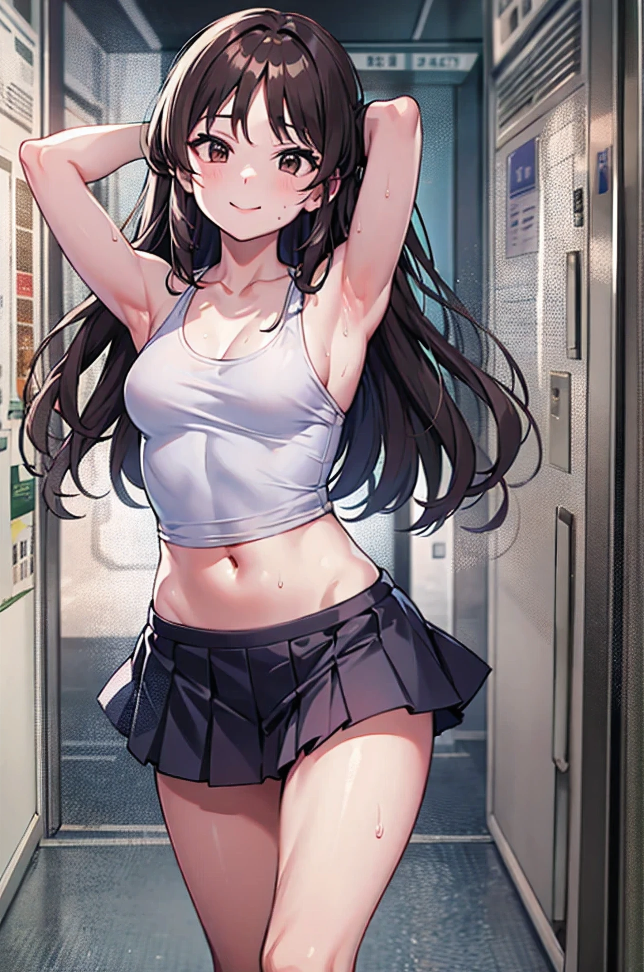 Primary school students、、Long Hair、Small breasts、Small breasts、Embarrassed、Red face、smile、Sweat on the cheekini skirt、Tank top))、Day School、Walking the hallway、Place your hands behind your head、Show your side、Realistic armpits