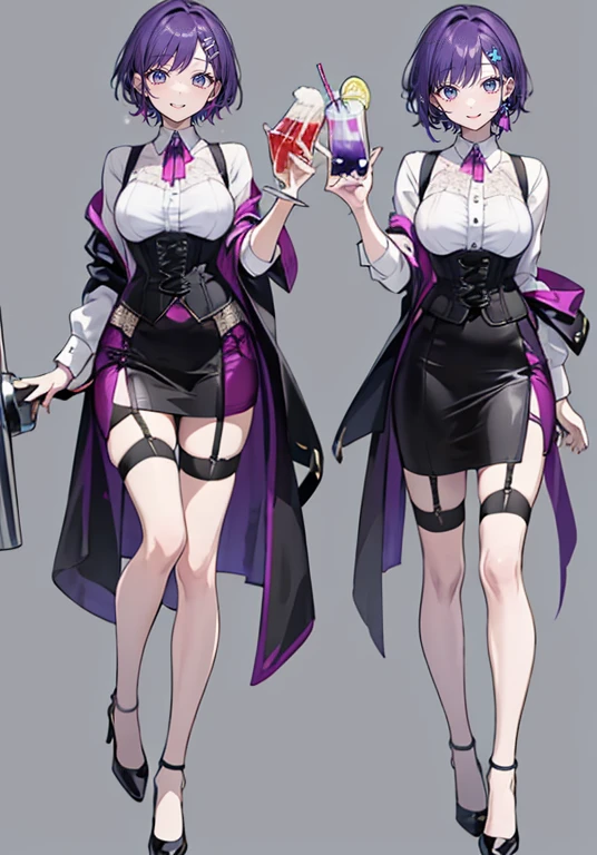 Purple Hair,Shortcuts,Adult female,(((Bartender))),((Body Harness)),((Rolling up your sleevesＹshirt)),(Corset),(Tight Skirt),((Garter Belt)),High Heels,((Simple Background)),Smile,((Full Body)),((whole body)),Character Sheet,