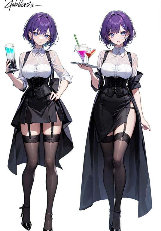 Purple Hair,Shortcuts,Adult female,(((Bartender))),((Body Harness)),((Rolling up your sleevesＹshirt)),(Corset),(Tight Skirt),((Garter Belt)),High Heels,((Simple Background)),Smile,((Full Body)),((whole body)),Character Sheet,
