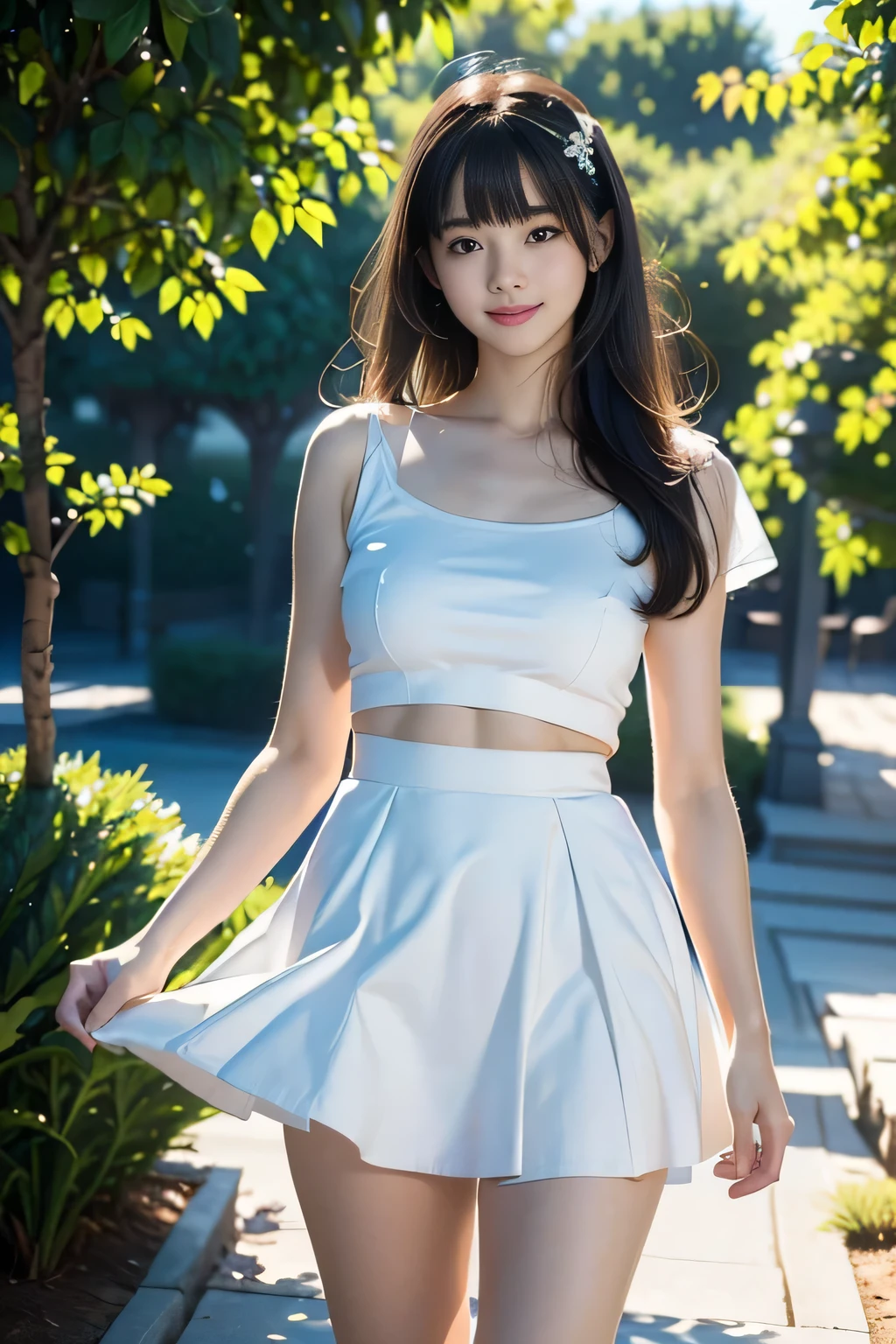 (Vulgar,nsfw),
((panty shot)),((lifting skirt)),((white panties focus)),(beautiful elegant white panties),♥low angle,from below,full body,((elegant white summer mini dress,1girl,cute,young,semi long beautiful black hair,blunt bangs,beautiful eyes,medium ,walking around the library flower garden,beautiful library,flowers,trees,blue sky)),(solo), ((realistic:1.5,Beautiful girl RAW photo)),(looking at the viewer), innocent smile,cinematic lighting and pause,