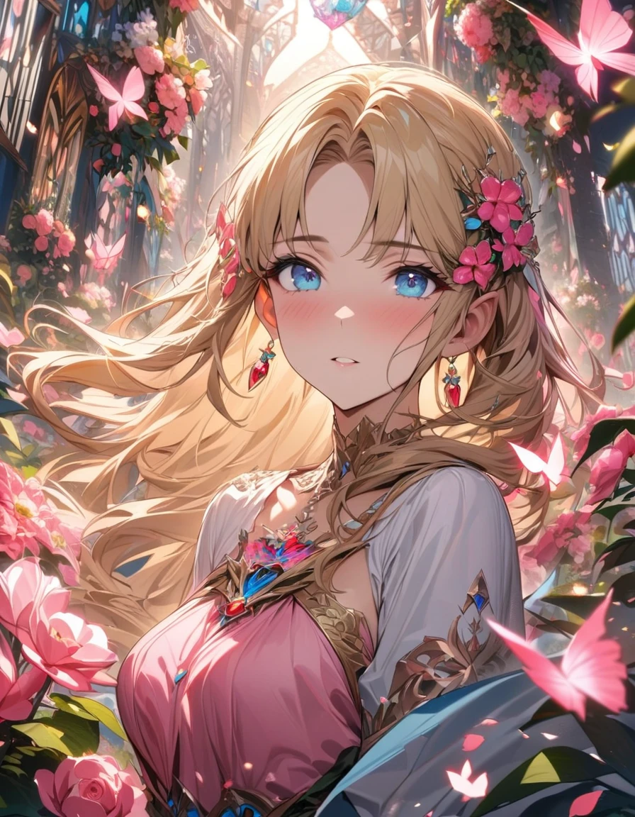 (absurdres, highres, ultra detailed, HDR) master piece, best quality, perfect face, Princess Zelda, blond hair, expressive blue eyes, The legend of zelda, woman, extremely beautiful, glass pink flowers, glass pink petals, glass pink butterflies, glass garden, glass blossoms, everything made with glass