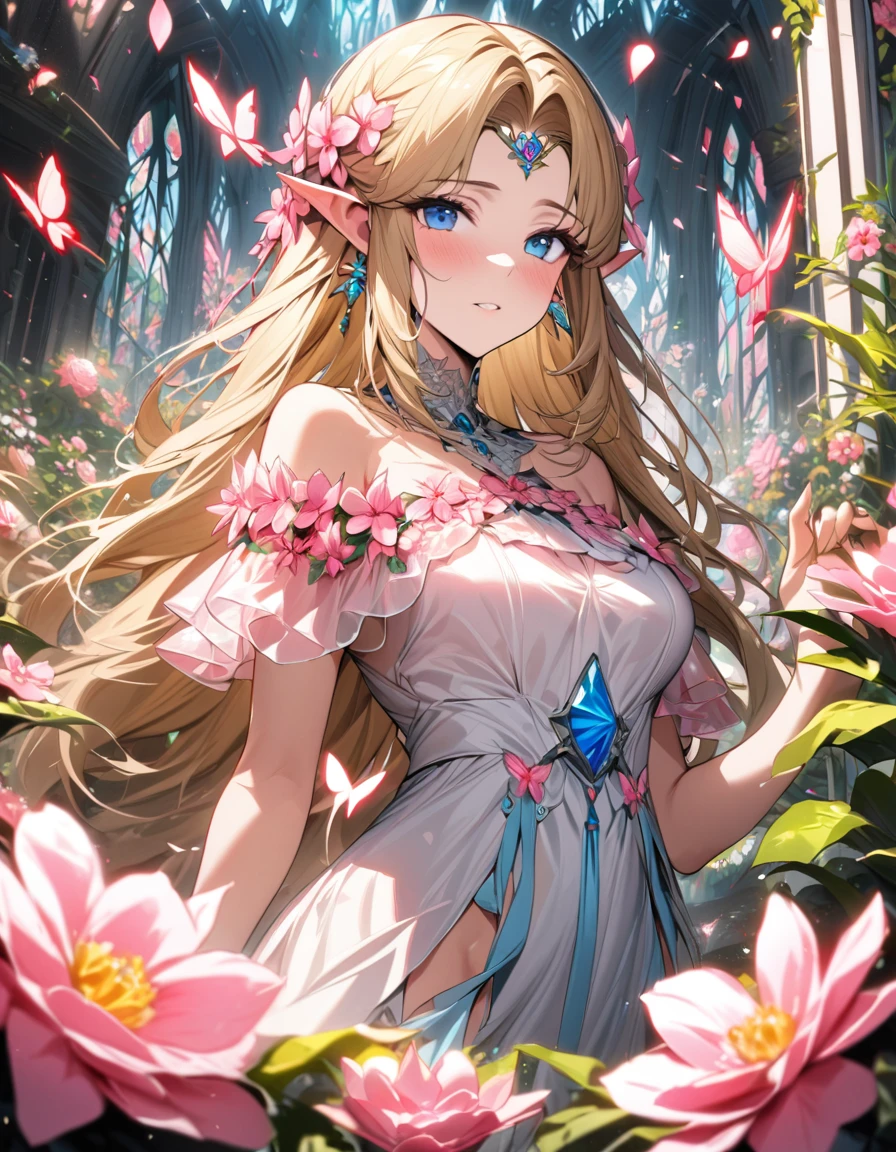 (absurdres, highres, ultra detailed, HDR) master piece, best quality, perfect face, Princess Zelda, blond hair, expressive blue eyes, The legend of zelda, dress, woman, extremely beautiful, glass pink flowers, glass pink petals, glass pink butterflies, glass garden, glass blossoms, everything made with glass