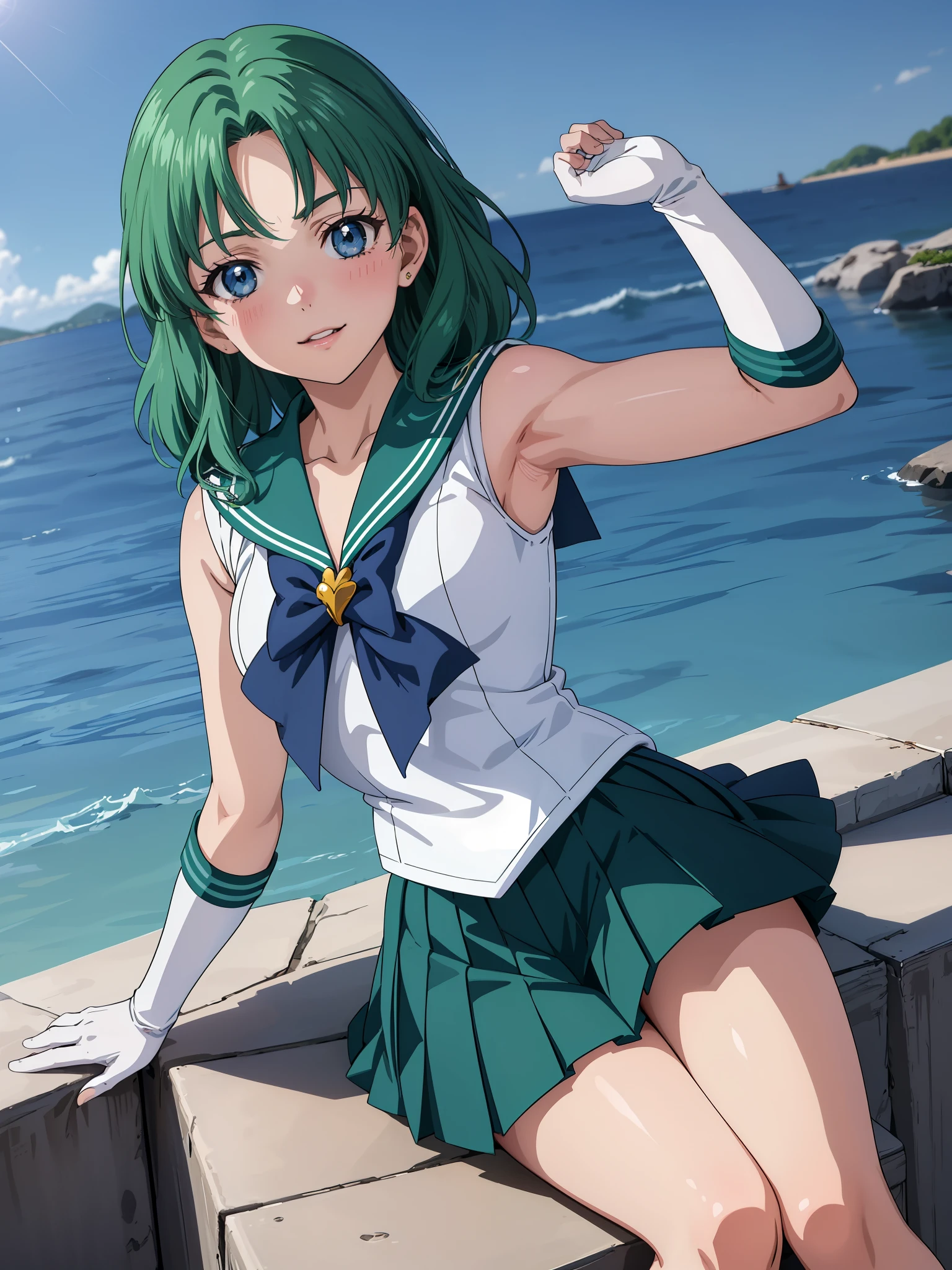 (anime:1.4), highest quality, masterpiece,Cowboy Shot,spread legs、show white panties,
One girl, Sailor Neptune, Mature Woman, Old age,Medium chest, Aqua Eye, Dark green hair, Medium Hair, (Sailor Warrior Uniforms:1.2), Buck Bow, White elbow gloves, Pleated skirt, View your viewers,blush, smile,Sitting