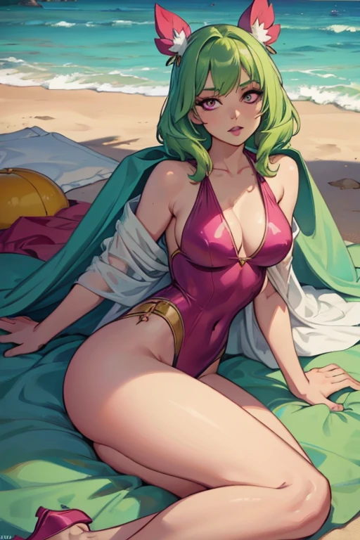 A light green haired woman with pink eyes with an hourglass figure in a one piece swimsuit is laying on a blanket at the beach at the beach