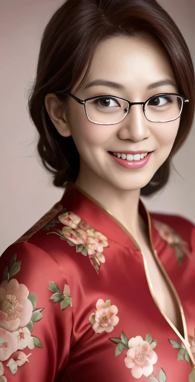 Maki hojo, (RAW photo:1.2), (photorealistic:1.4),(masterpiece:1.3),(best quality:1.4),ultra high res,(detailed eyes),(detailed facial features),(detailed clothes features),HDR,8k resolution, skin tight, (((high detailed skin,visible pores))), dreamlike,  (ulzzang-6500-v1.1:0.5),pureerosface_v1:0.2, face close-up, mature girl, tall body, slim faces, body abs:1.2, , 45 years old, gigantic breast,  wearing tight close red floral silk malay gamis with hijab, full body, beautiful shy smile,  wearing high heels, glasses
