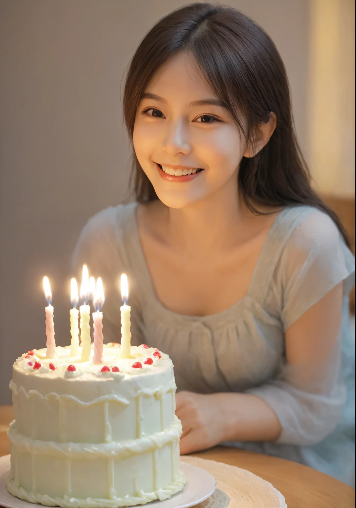 Cute girl with a birthday cake in front of her、Japanese、There is one lit candle on the cake.、She smiling、happy Birthday、Soft light source、Photo-like、8K、16K、High color rendering