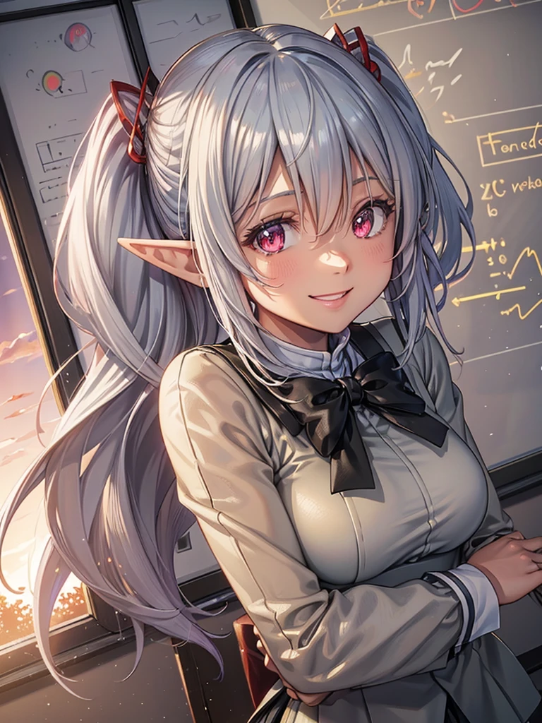 An elf woman, very black and tanned skin, beautiful silver hair, pointed ears, beautiful red eyes, high , school classroom, whiteboard, window, evening, sunset, upper body description, dear smile , open lips, close-up, 8K, wave hand, five fingers,