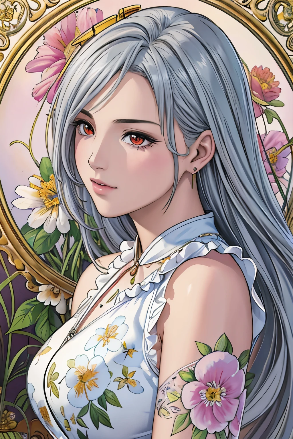 (​masterpiece, top-quality, top-quality, Official art, Beautifully Aesthetic:1.2), red eyes, (highest quality, masterpiece painting:1.3), immature woman, 16 years old, (half body shot), masterpiece, ultra high resolution, (((Flower frame, A lot of flowers in the frame, round frame, A beautiful girl fits into the frame))), Decorative panel, abstract art, (shot from a side angle), (Photoreal:1.0), ((light silver hair)),straight hair, beautiful shining hair, white and shining skin, Painterly, sketch, Texture, 超A high resolution, solo, Beautuful Women, A highly detailed, (Fractal Art:1.1), (colourfull:1.1), (florals:1.6), The most detailed, (Zentangle:1.2), (Dynamic Poses), (Abstract background:1.3), (shinny skin), (Many colors:0.8), (earrings:1.4), (pluma:0.9), Taisho romance