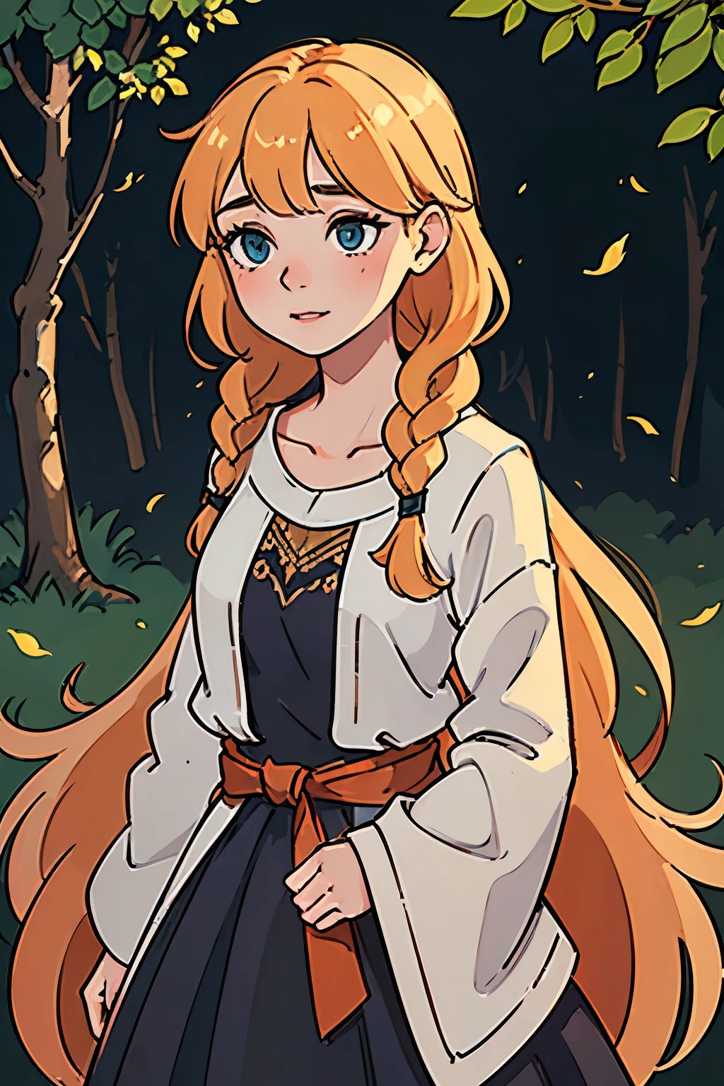 (long orange-haired girl with braids at the end, blue eyes, wearing a long black skirt with simple patterns, a green bow at the waist, and a white t-shirt)
(best quality, ultra-detailed, realistic:1.37), vibrant colors, sunlight filtering through the trees, soft shadows, crisp details, professionally rendered, long oranges and yellows hues, warm and inviting atmosphere, delicate brushwork, glowing highlights, high contrast, cinematic lighting, ethereal and dreamlike effect, intricate textures, intricate braids, flowing hair, intricate patterns on the skirt, drapey fabric, folds and creases, flowing movement, slight breeze rustling the leaves, serene expression, gentle smile, natural beauty, slight blush on the cheeks, sparkling eyes, captivating gaze, golden hair strands catching the light, intricate facial features, delicate eyelashes, rosy lips, flawless skin, radiant complexion, verdant garden setting, blooming flowers, lush foliage, tall trees, magical ambiance, dappled sunlight, peaceful and tranquil, birds chirping in the background, enchanting atmosphere, whimsical elements, subtle hints of fantasy, imaginative and captivating scenery, enchanting interpretation of nature, painterly style, soft brushstrokes, rich texture, harmonious composition, focal point on the girl's face, balanced color palette, contrasting elements, captivating storytelling.