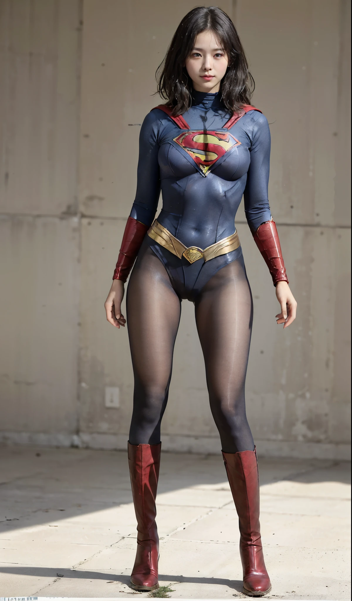 No background、(((Beautiful legs in black tights.)))、(((Legally express the beauty of your smile)))、((((Make the most of your original images)))、(((Supergirl Costume)))、(((Short beautiful hair)))、(((suffering)))、(((Please wear black tights....、Wear red boots)))、((Best image quality、8K))、((highest quality、8K、masterpiece:1.3))、(((Preserve background )))、Sharp focus:1.2、Beautiful woman with perfect figure:1.4、Thin abdominal muscles:1.2、Wet body:1.5、Highly detailed face and skin texture、8K