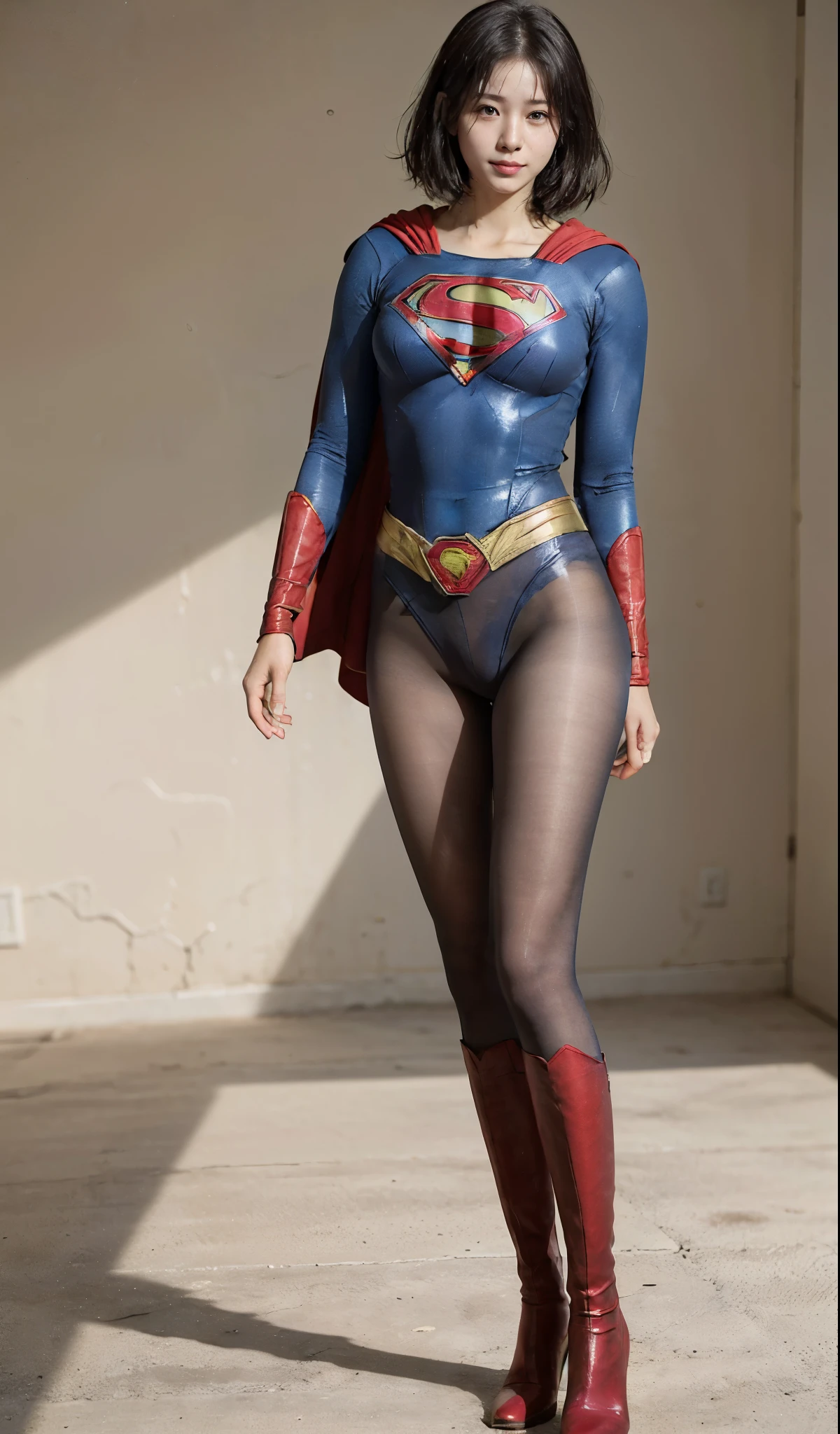 No background、(((Beautiful legs in black tights.)))、(((Legally express the beauty of your smile)))、((((Make the most of your original images)))、(((Supergirl Costume)))、(((Short beautiful hair)))、(((suffering)))、(((Please wear black tights....、Wear red boots)))、((Best image quality、8K))、((highest quality、8K、masterpiece:1.3))、(((Preserve background )))、Sharp focus:1.2、Beautiful woman with perfect figure:1.4、Thin abdominal muscles:1.2、Wet body:1.5、Highly detailed face and skin texture、8K