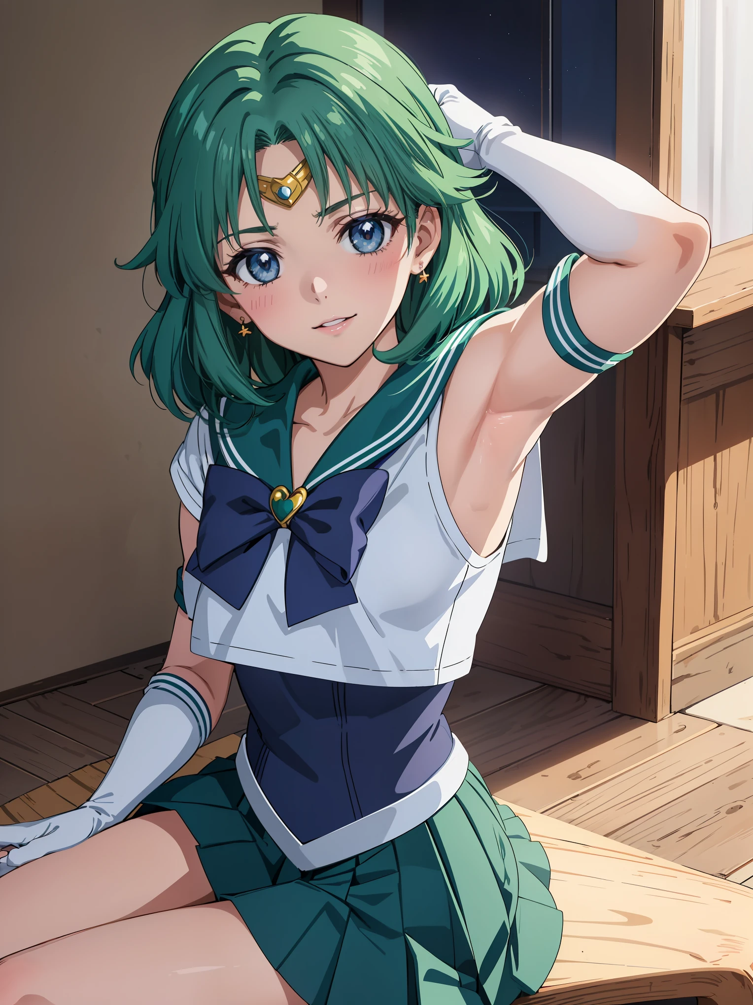 Armpit Show,(anime:1.4), highest quality, masterpiece,Cowboy Shot,
One girl, Sailor Neptune, Mature Woman, Old age,Medium chest, Aqua Eye, Dark green hair, Medium Hair, (Sailor Warrior Uniforms:1.2), Buck Bow, White elbow gloves, Pleated skirt, View your viewers,blush, smile,Sitting