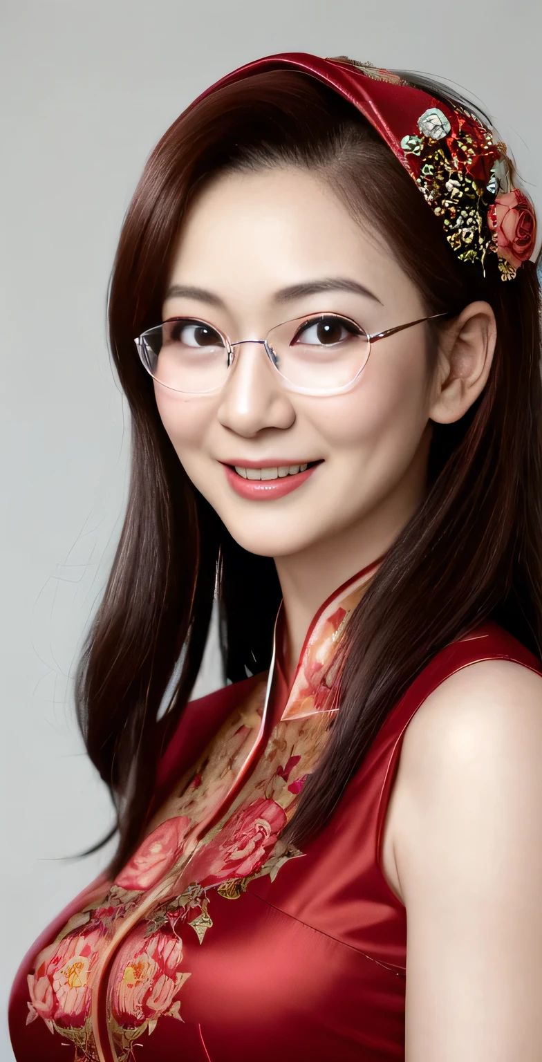 Maki hojo, (RAW photo:1.2), (photorealistic:1.4),(masterpiece:1.3),(best quality:1.4),ultra high res,(detailed eyes),(detailed facial features),(detailed clothes features),HDR,8k resolution, skin tight, (((high detailed skin,visible pores))), dreamlike,  (ulzzang-6500-v1.1:0.5),pureerosface_v1:0.2, face close-up, mature girl, tall body, slim faces, body abs:1.2, , 45 years old, gigantic breast,  wearing tight close red floral silk malay gamis with hijab, full body, beautiful shy smile,  wearing high heels, glasses