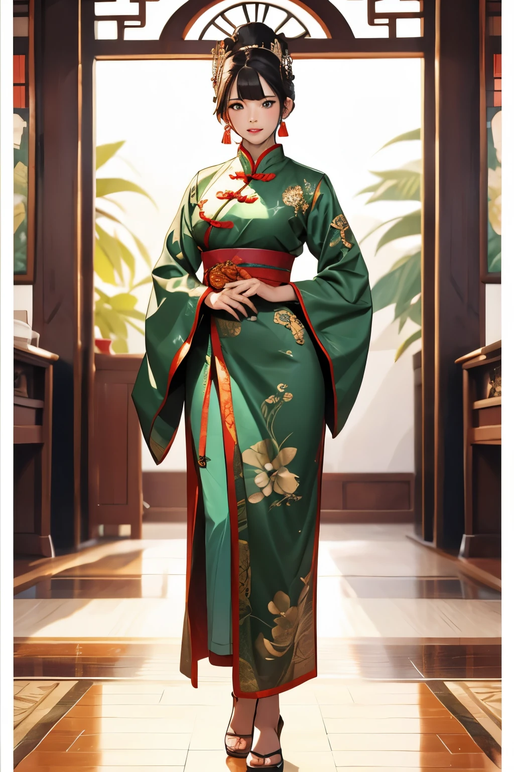 Short hair in a green traditional Chinese dress20Chinese woman in her early twenties、Supplemental long legs、Anime Nanga、Frontal head-to-toe full body shot