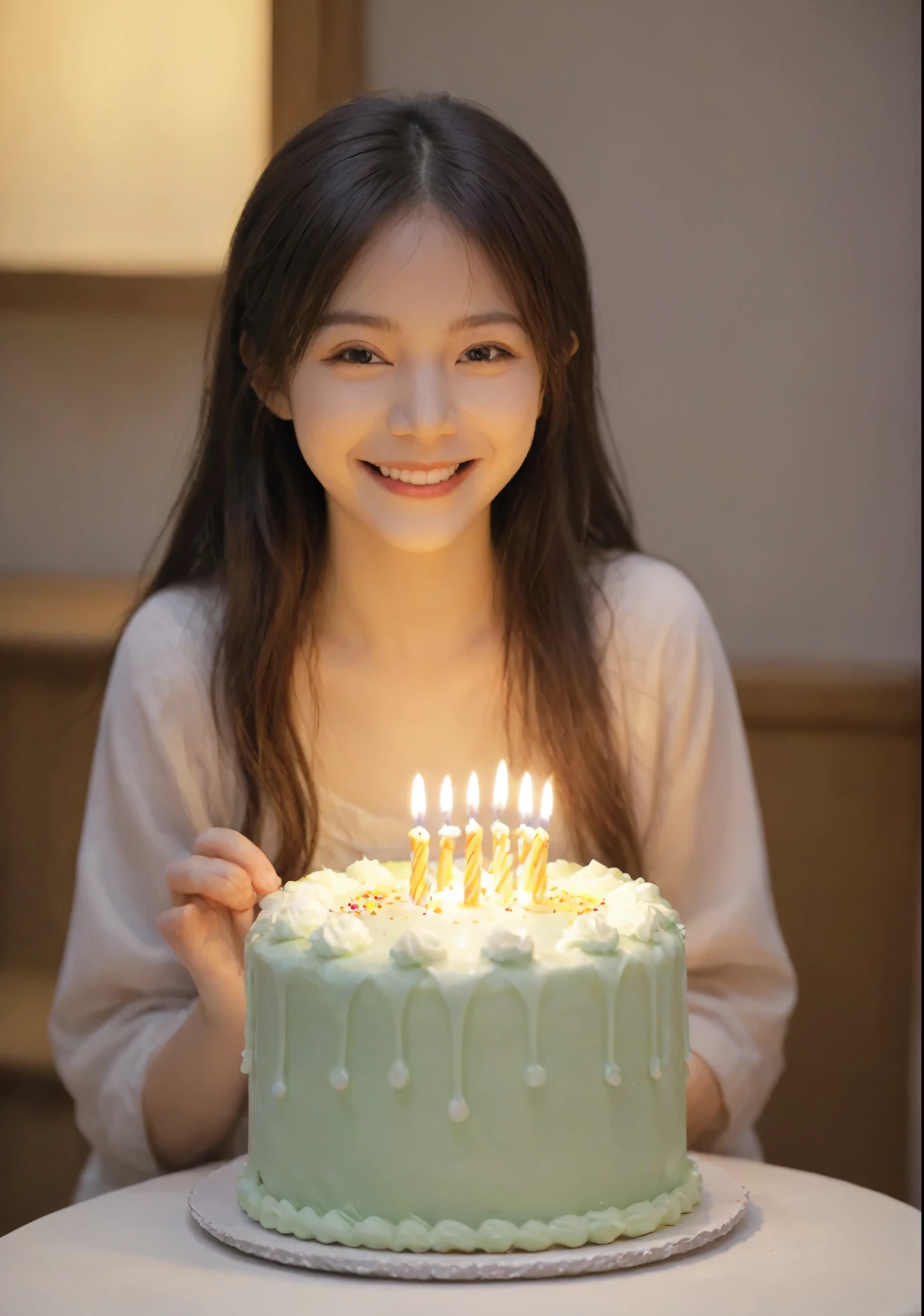 Cute girl with a birthday cake in front of her、Japanese、There is one lit candle on the cake.、She smiling、happy Birthday、Soft light source、Photo-like、8K、16K、High color rendering