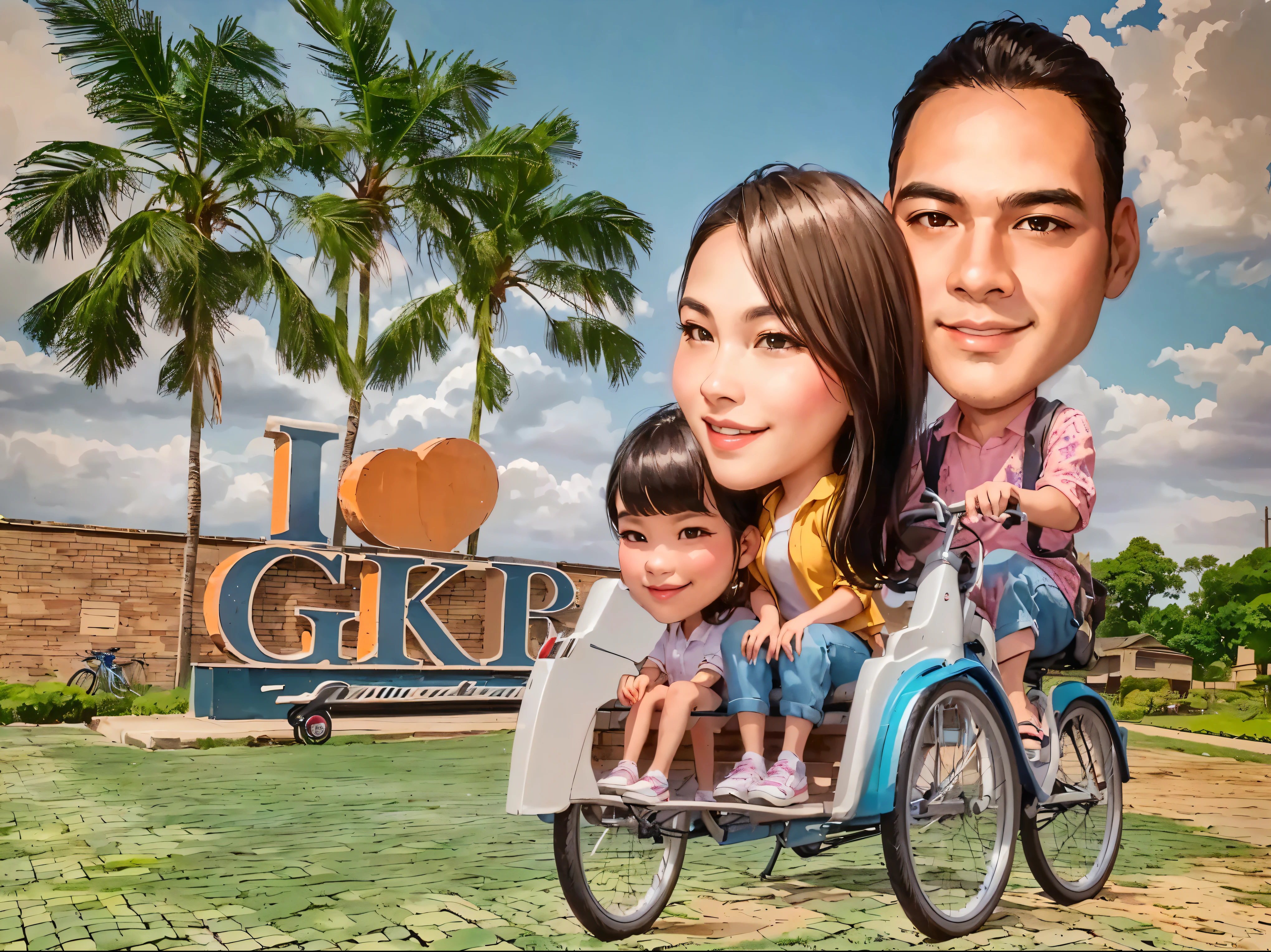 a photo of a family riding a bike with a sign in the background, father mother and 8-year-old daughter, official artwork hdr, caricature illustration, an indonesian family portrait, family, official poster, illustration 8 k, photo, 9 k, caricature!!!, 9k, 8k selfie photograph, backdrop, 6 k, 6k, inspired by Kogan Gengei, official artwork