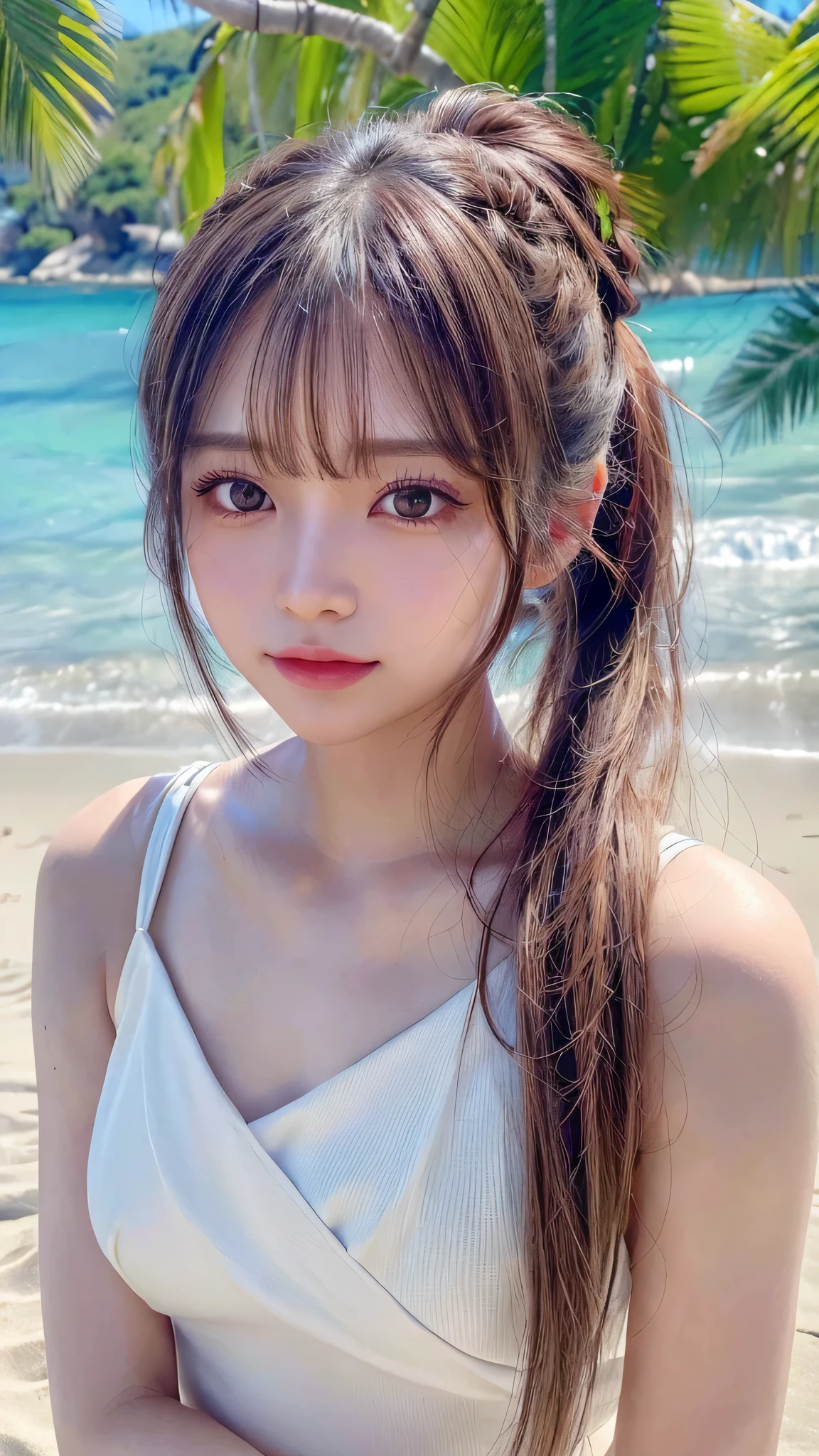 Beach,resort,white bikini,Close-up of face,Blushing,Facing forward,Close-up of face,Small breasts,,Long hair ponytail,((8K, Raw photo, Best Quality, Mastepiece:1.2), (Realism, Photorealistic:1.4), (Highly detailed 8K wallpapers), Depth of written boundary, Cinematic Lighting, Soft Light, Detailed Beauty Eye,Shiny and smooth light brown ponytail, Asymmetrical bangs, Shiny skin, Ultra-detailed skins ,It is high resolution., High detail, Detailed hairstyle, Detailed facial beauty, Hyper-realistic, Perfect limbs, Perfect Anatomy ,1 Japanese girl,Famous Japanese Idols, Perfect female body,A shy smile,Short eyelashes,Double-edged eyelids,Look straight here,Hair style: ponytail,Close-up of face