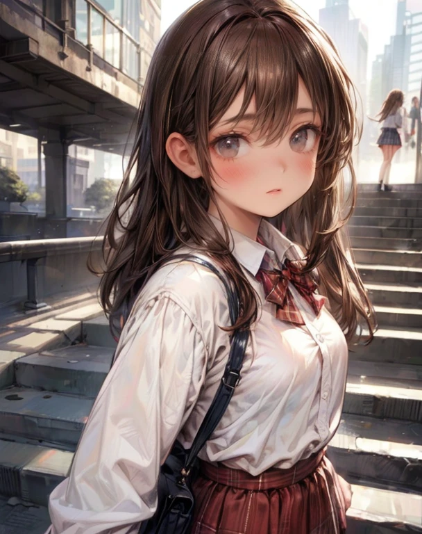 (best quality, highres, masterpiece: 1.2,8k), ultra-detailed, (realistic, photorealistic, photo-realistic), cute school girl in, Beautie, gentle smile, full body seen, ((Middle Wave Hair, Bangs, Brown hair)), ((brown-eyed, beautiful long eyebrows, Realistic eyes)), (Detailed face, Blushing)), ((Smooth texture: 0.75, Realistic texture: 0.65)), Dynamic Angle, Perfect body, (red bowtie, white shirt, plaid skirt)), City staircase, looking up from the bottom of the stairs, very annoying panic smile, sparkling eyes, delicate pupils, shining lips, Beautiful and delicate (hair, eyes, lips, cute face)