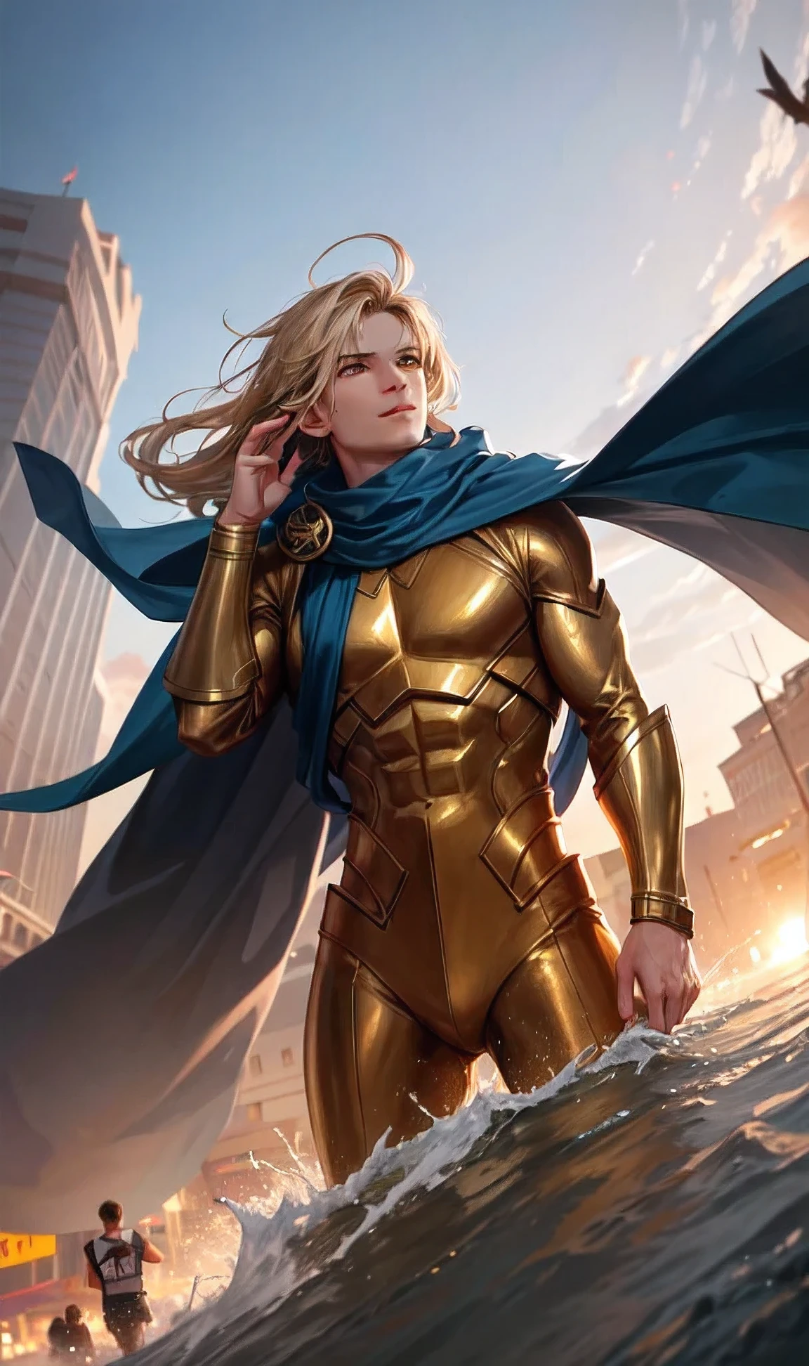 As the sun began to set, casting a warm golden glow over the city, a commotion erupted in the bustling square. People turned their heads and gasped in amazement as a figure descended from the sky, gracefully landing amidst the crowd. It was the city's beloved superhero, their symbol of hope and protection.
The superhero stood tall and proud, a beacon of strength and compassion. Their costume, a striking combination of grey, white, and gold elements, shimmered in the fading light. A flowing blue cape billowed behind them, adding to the dramatic effect of their arrival.
The hero's smile was infectious, radiating kindness and reassurance to everyone around. They moved with ease through the crowd, stopping to shake hands, offer words of encouragement, and even share a laugh or two. It was clear that this hero wasn't just a savior in times of crisis, but also a friend to the community.
The mood in the square was electric, filled with a sense of awe and gratitude. It was as if the hero's presence had brought a wave of optimism, washing away any lingering fears or doubts. For the people in the crowd, it was a reminder that no matter what challenges they faced, their hero would always be there to save the day.